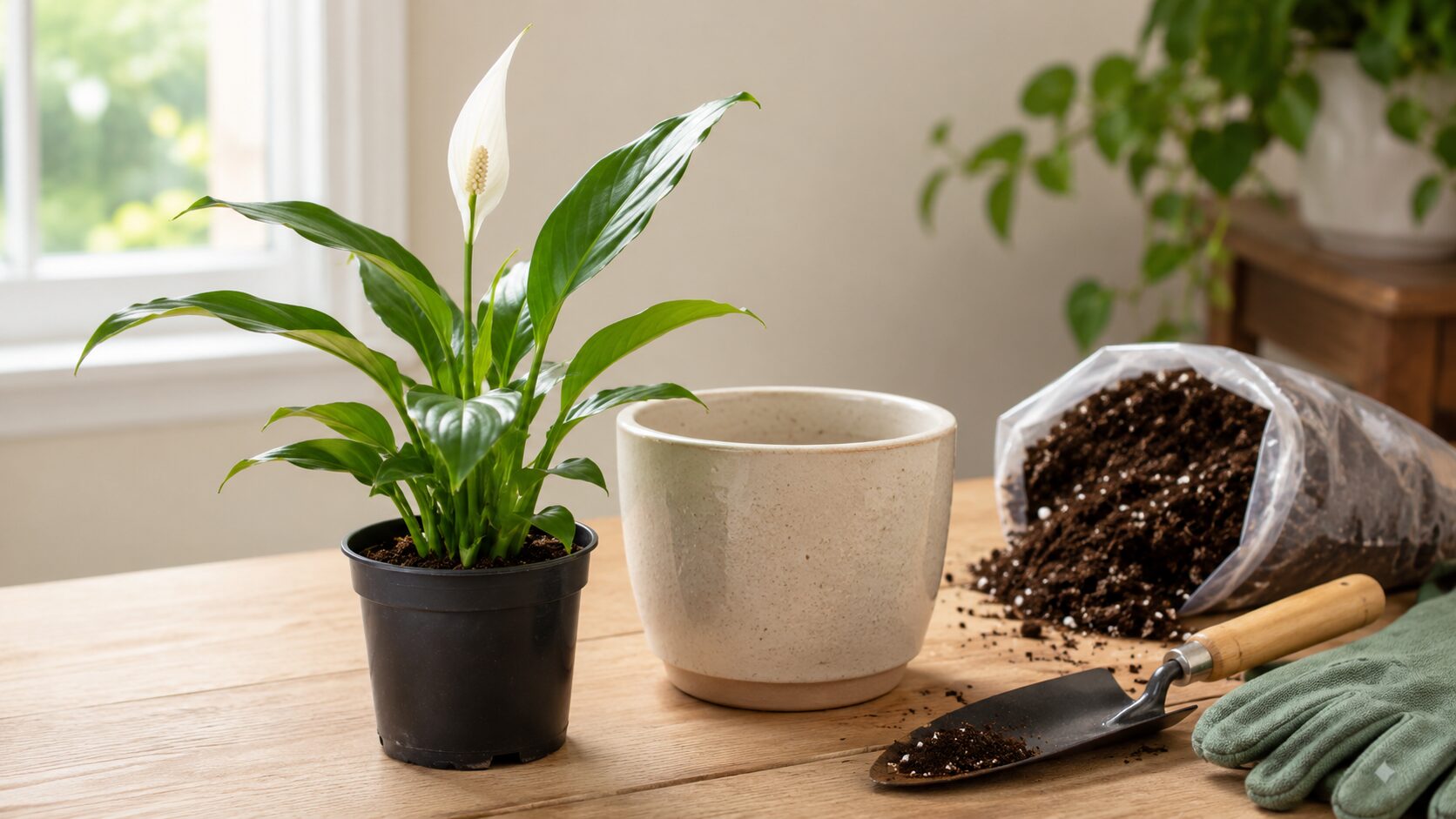 スパティフィラムの植え替え準備をイメージした実写画像