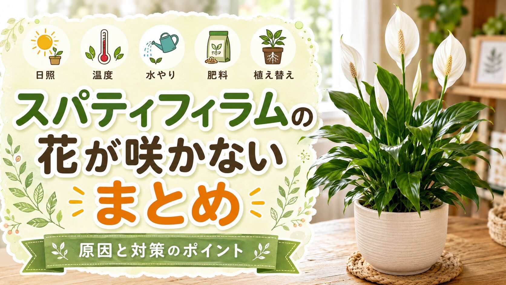 スパティフィラムの花が咲かない原因と対策をまとめた画像。日照・温度・水やり・肥料・植え替えのポイントと、白い花が咲いたスパティフィラムの鉢植えを紹介