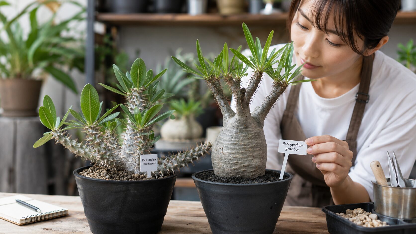 日本人女性がホロンベンセとグラキリスの植物ラベルを確認している画像