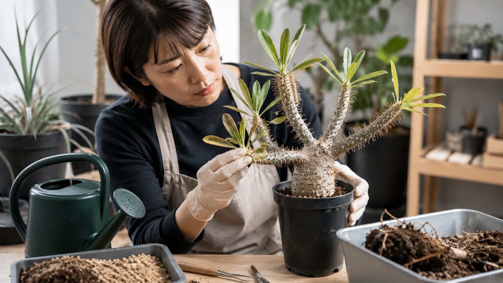 太らないパキポディウム・ホロンベンセの葉や枝を点検する日本人女性