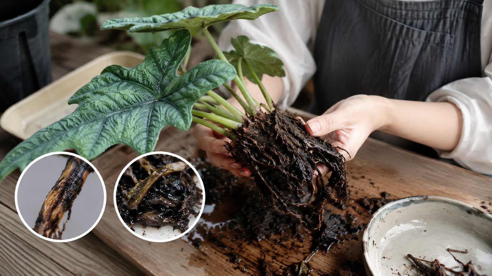 植え替え時に黒く傷んだ根を確認しているアロカシア・ジャックリンの根腐れチェック