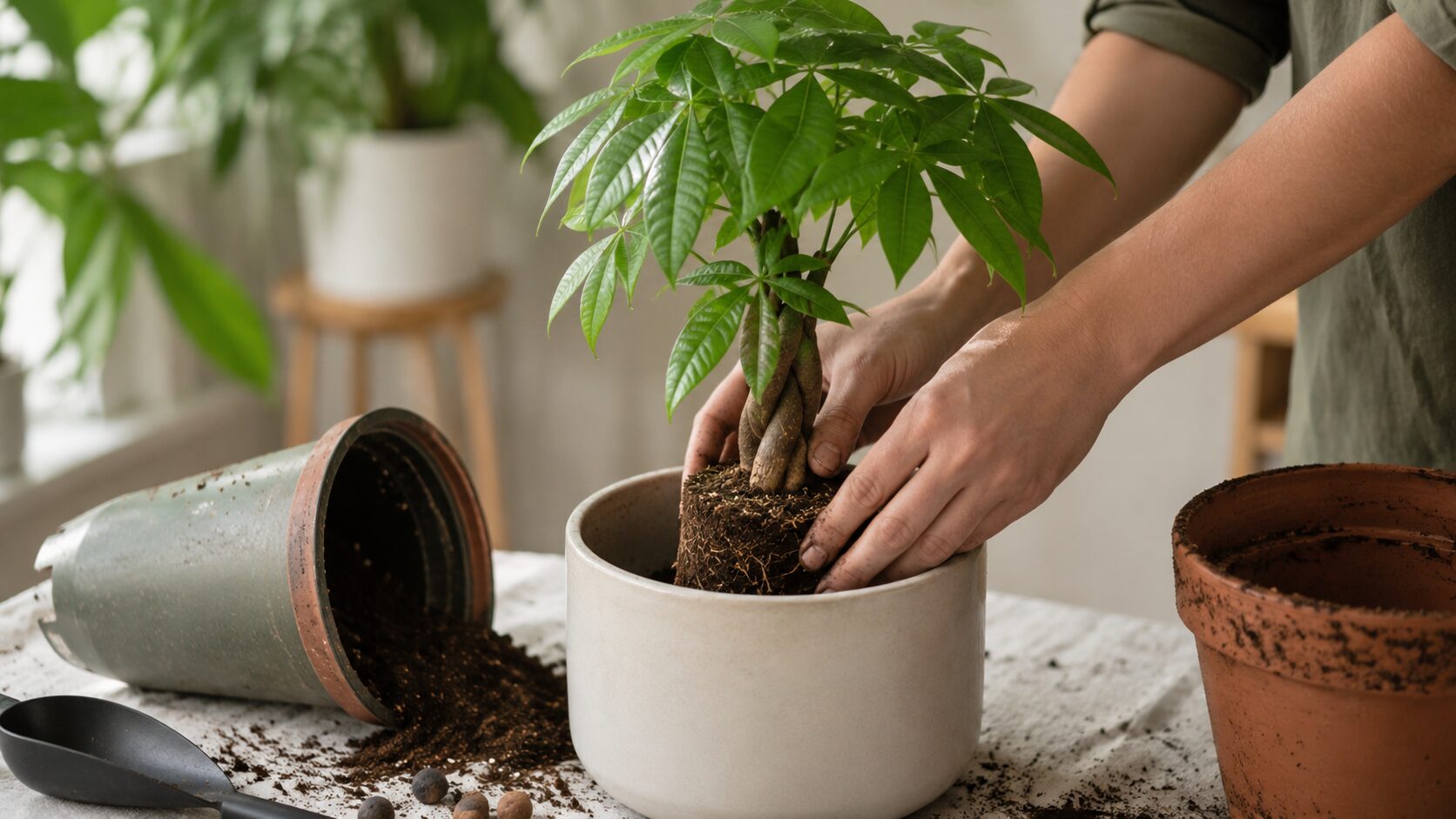 根鉢を新しい鉢に入れ直しながら、パキラを植え直すべきケースをイメージできる植え替え作業の実写写真