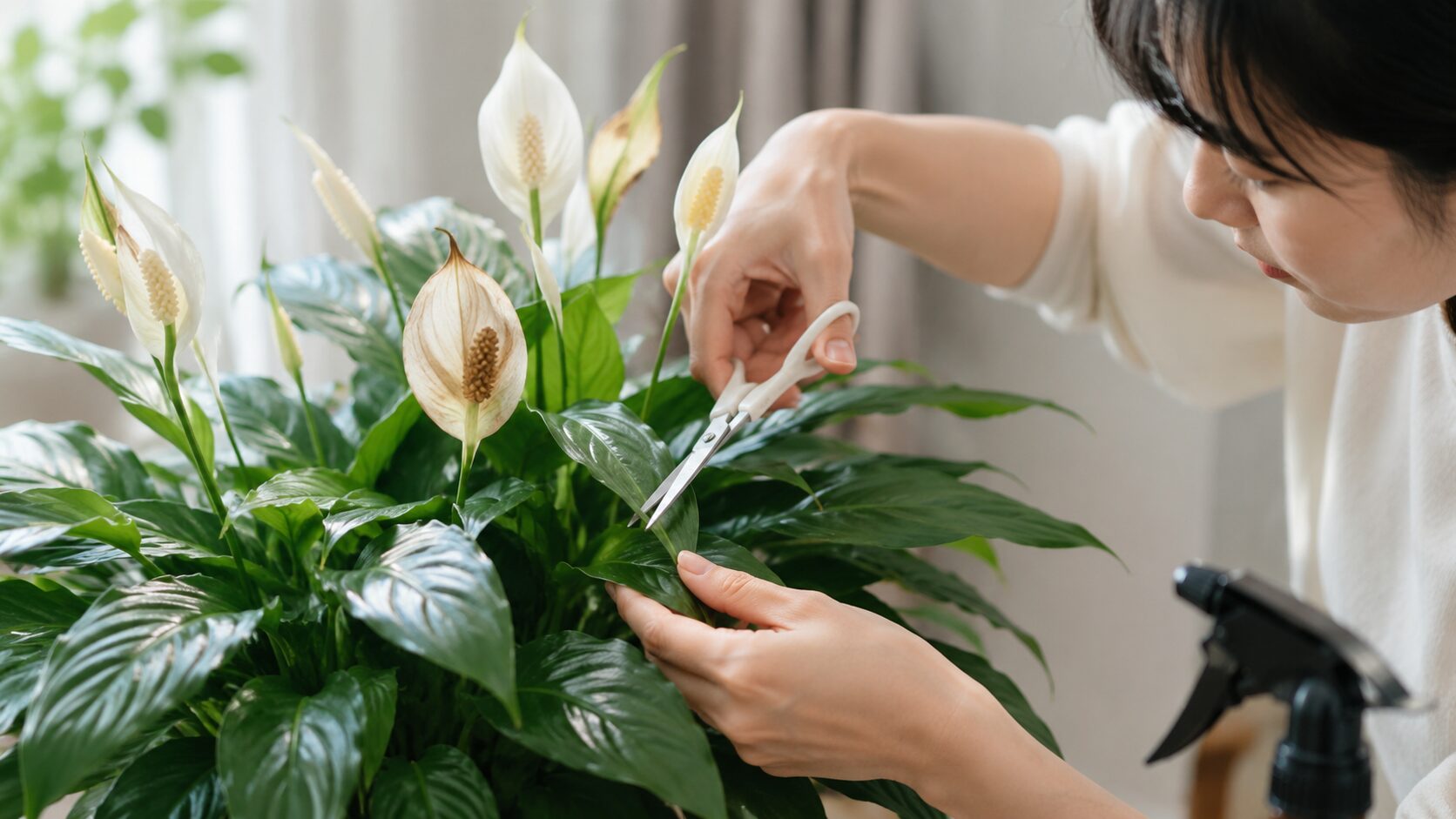 日本人女性がスパティフィラムの花がらを摘み病害虫を点検する様子