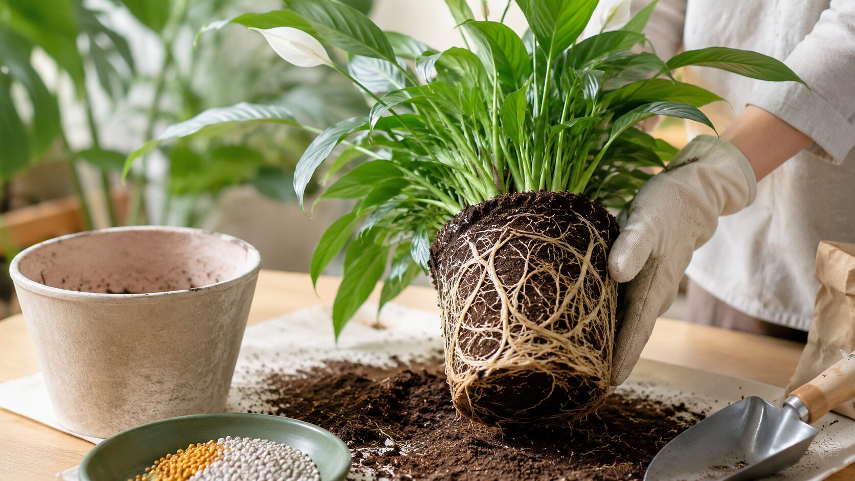 根鉢を取り出して植え替え作業をするスパティフィラム。根詰まりと肥料管理を解説するイメージ