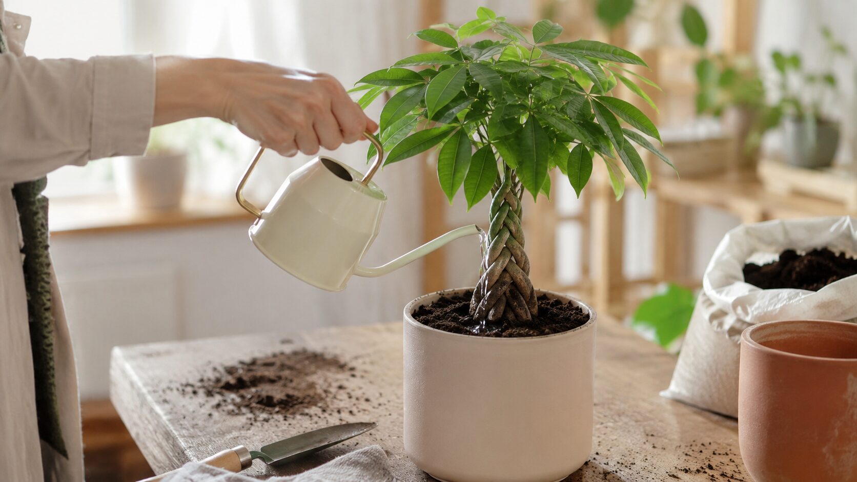 植え替え後のパキラにじょうろで水を与え、適切な水やり方法をイメージできる実写写真