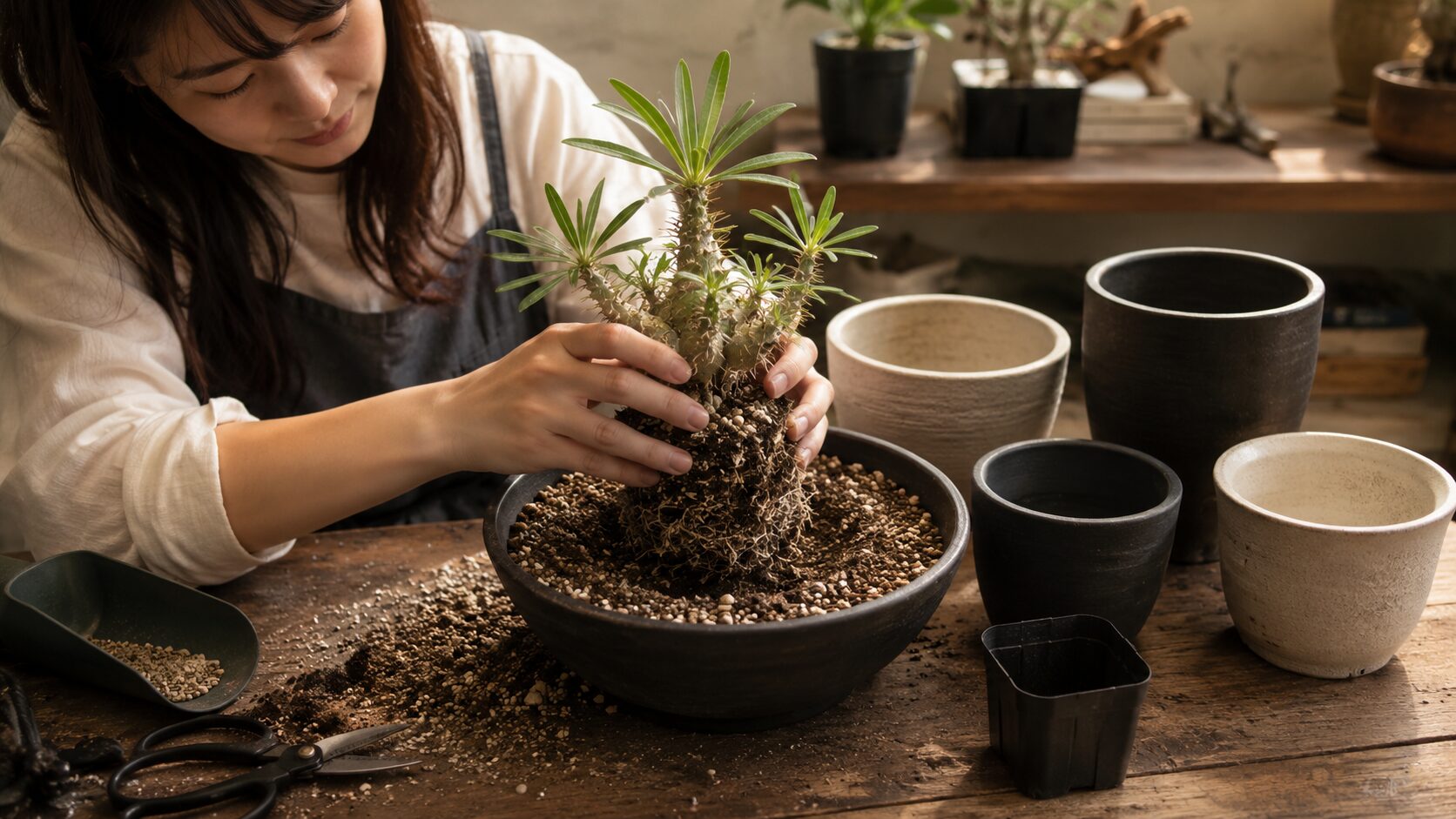 パキポディウム・グラキリス実生株を植え替えながら鉢選びを行う様子
