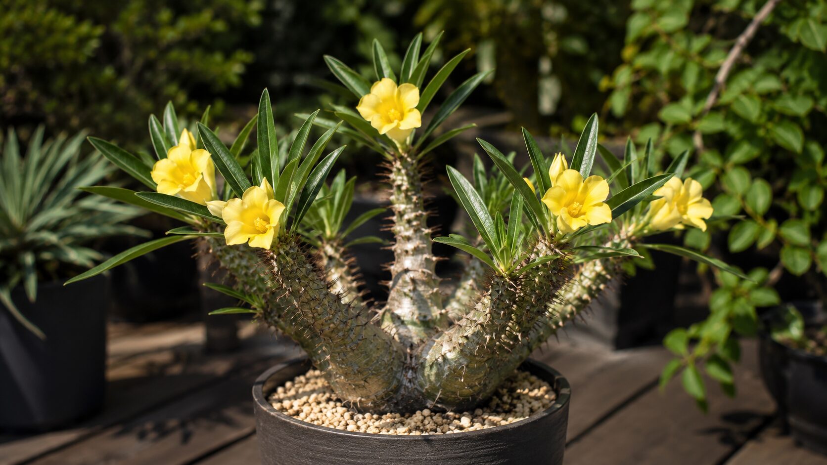 黄色い花を咲かせたパキポディウム・グラキリスの実写画像で、開花時期の目安をイメージできる写真