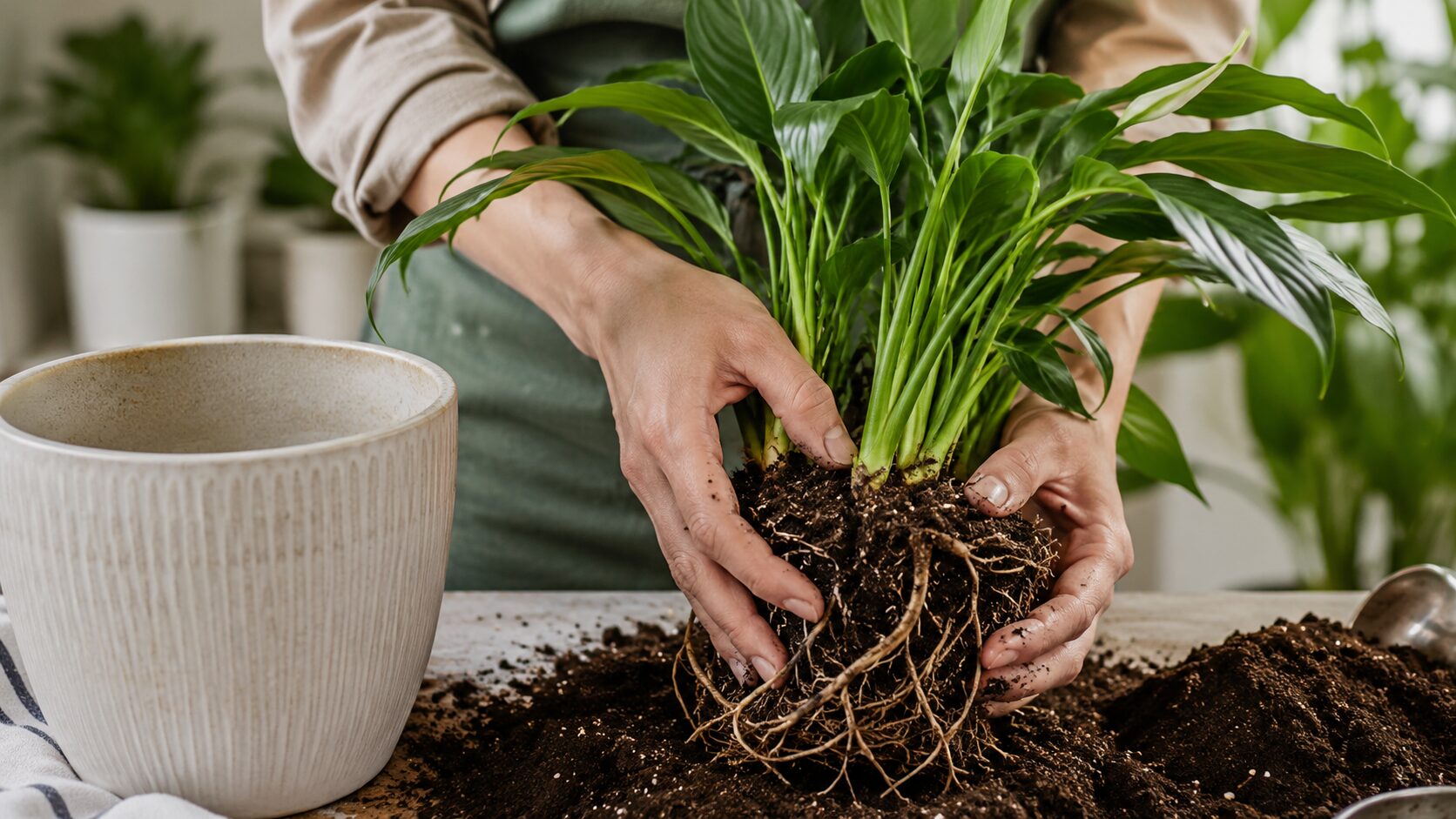 スパティフィラムの根鉢を確認して植え替えと株分けを行う様子