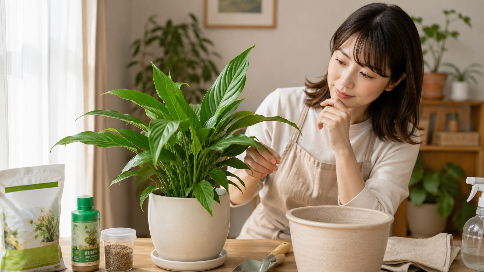 スパティフィラムの花が咲かない原因を確認する様子の画像
