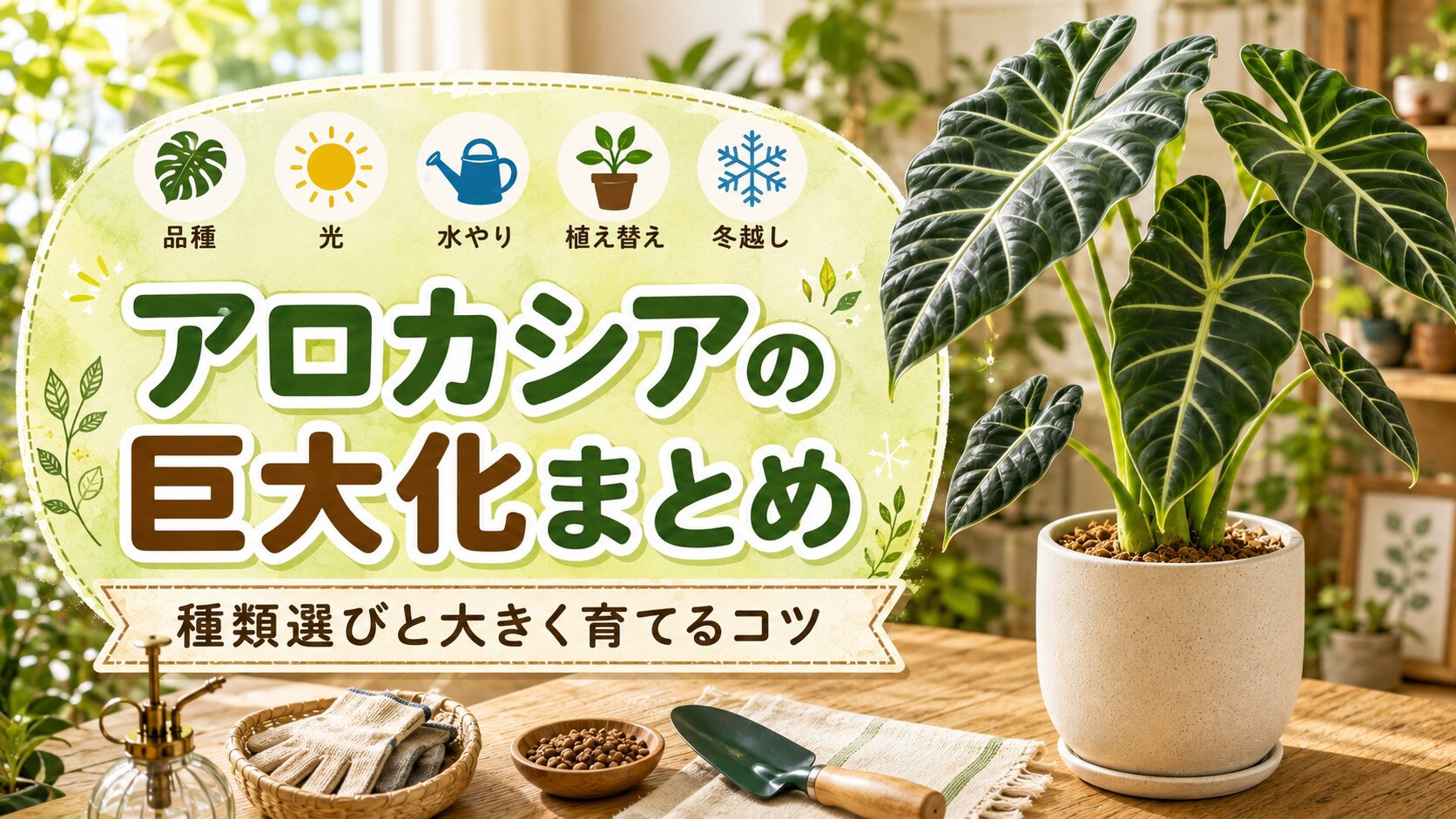 大きなアロカシアの鉢植えと、アロカシアの巨大化まとめという文字を配置した画像。巨大化しやすい種類選びや光、水やり、植え替え、冬越しなど、大きく育てるコツを分かりやすく示したデザイン。