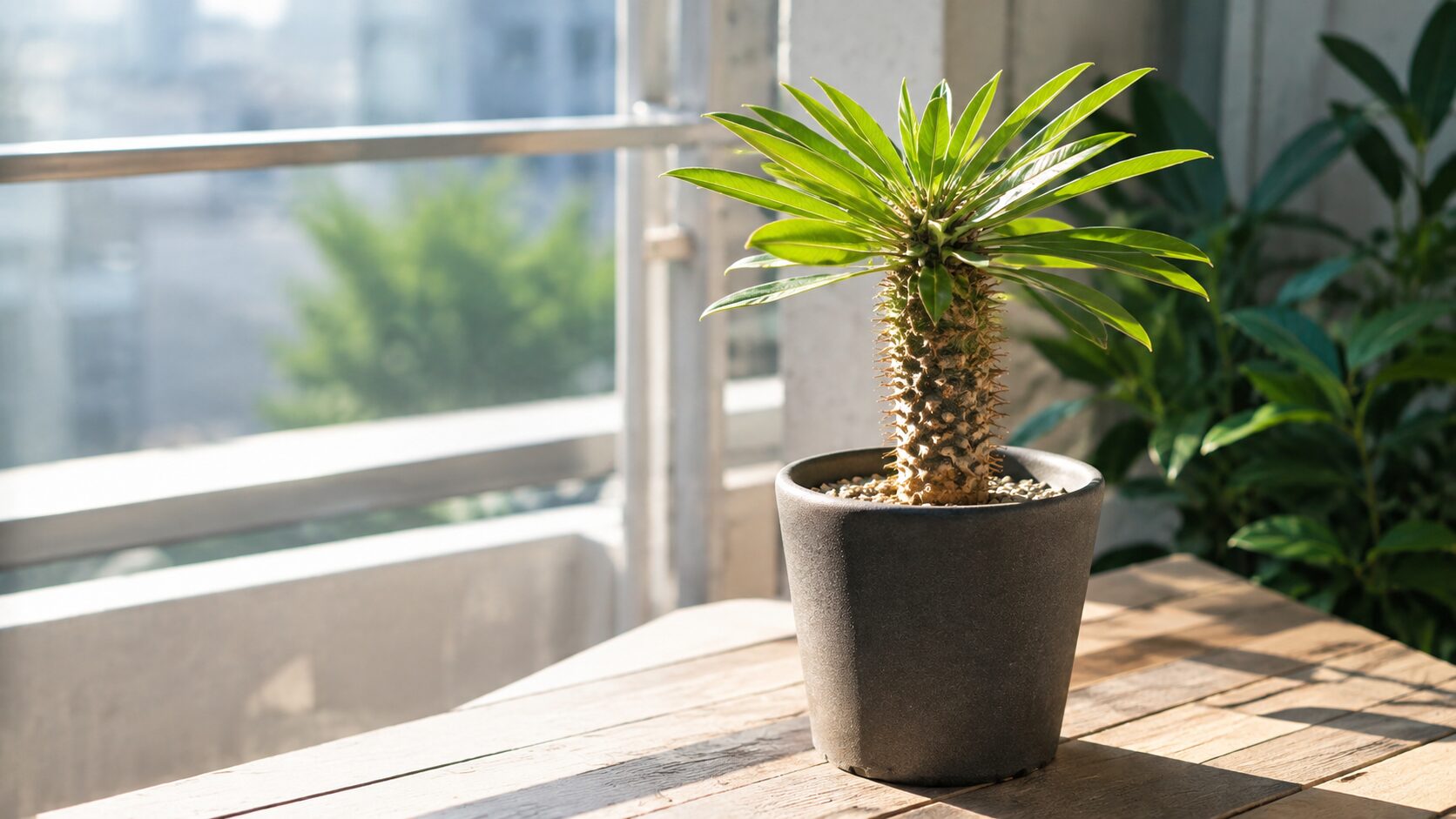 日差しの入る窓辺に置かれた健康的なソテツキリンの鉢植え。日当たりと置き場所を見直す大切さを伝えるイメージ写真。