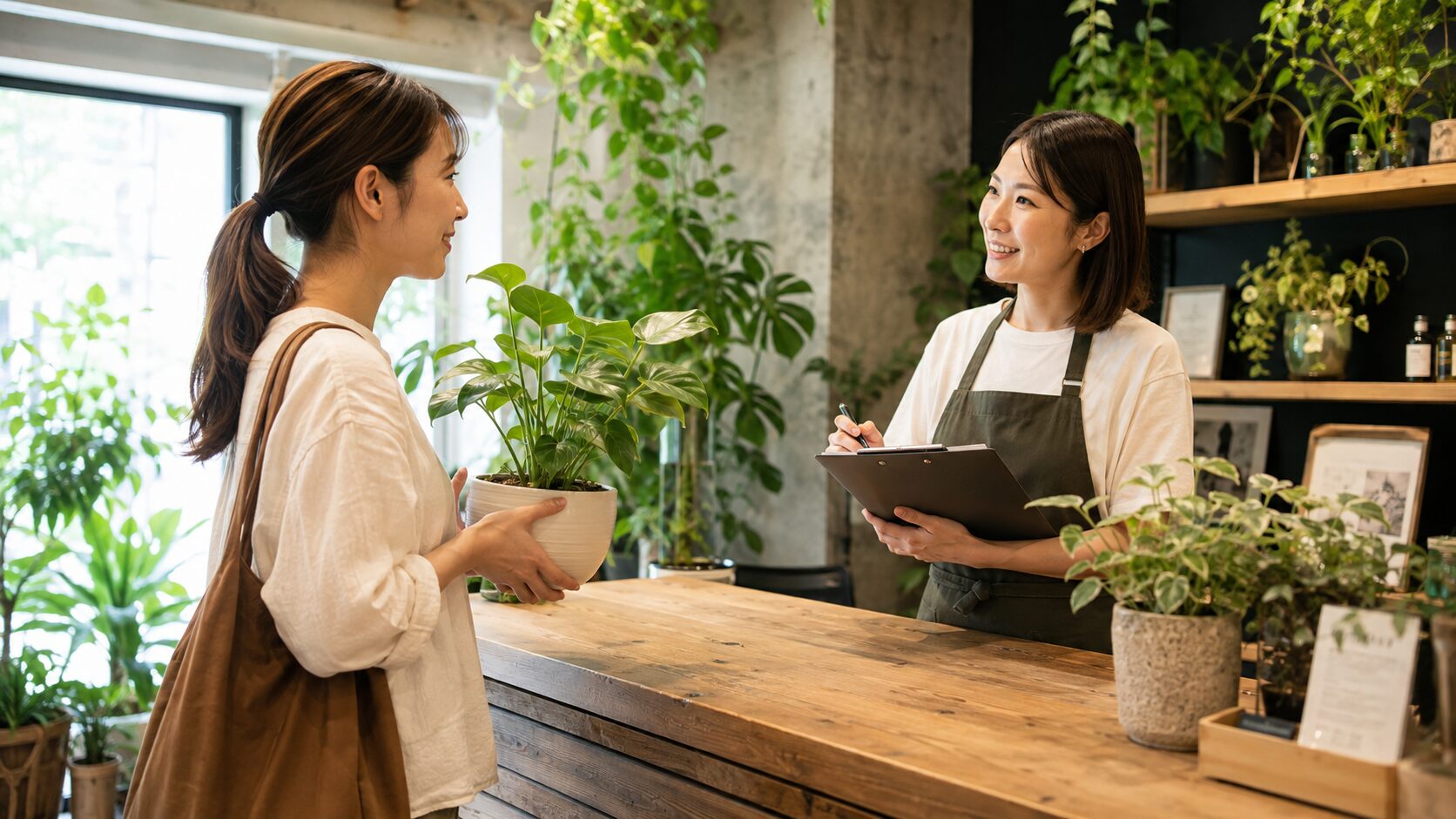 観葉植物を持参した女性が植物店スタッフに買取相談をしている様子