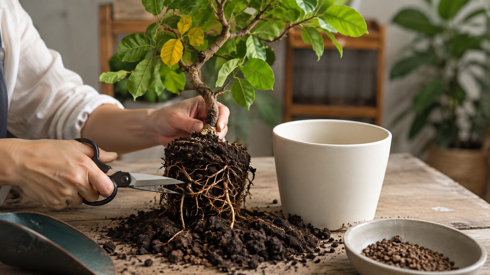 根腐れしたウンベラータを植え替えて復活を目指す作業の様子