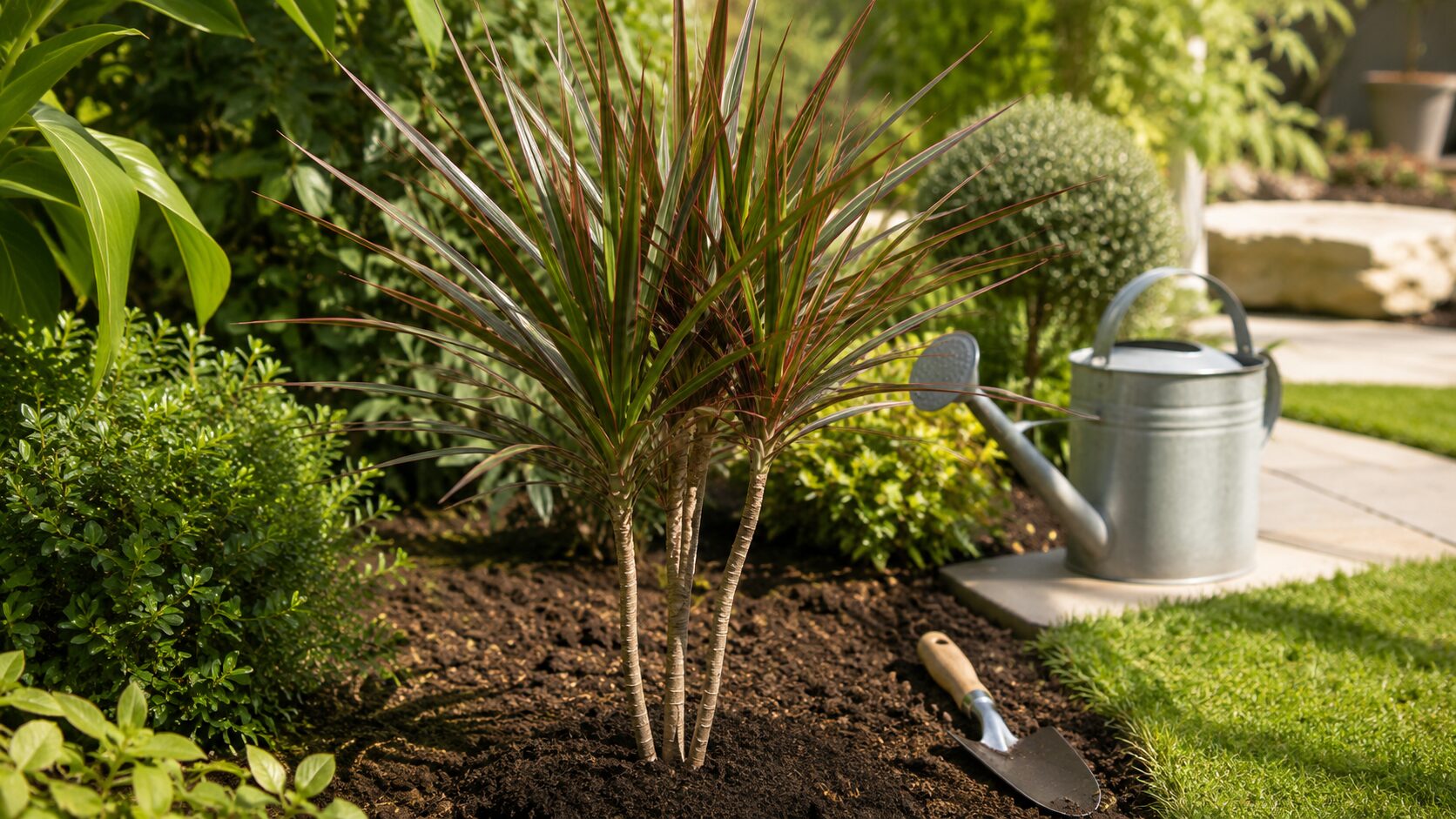 地植え後の管理を行う庭のドラセナと園芸道具