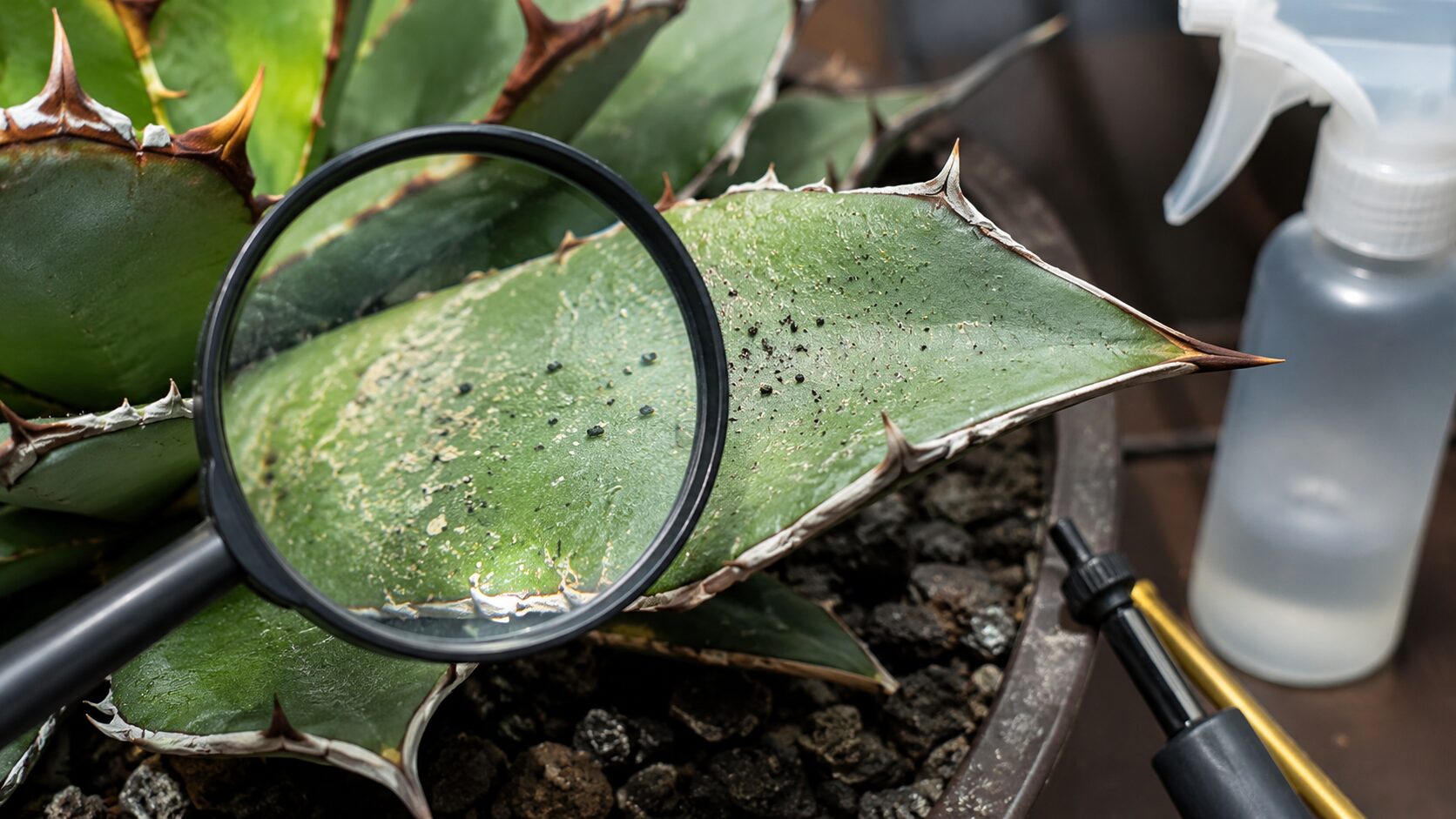 虫眼鏡でアガベの葉の黒い点や細かな害虫被害を観察している写真