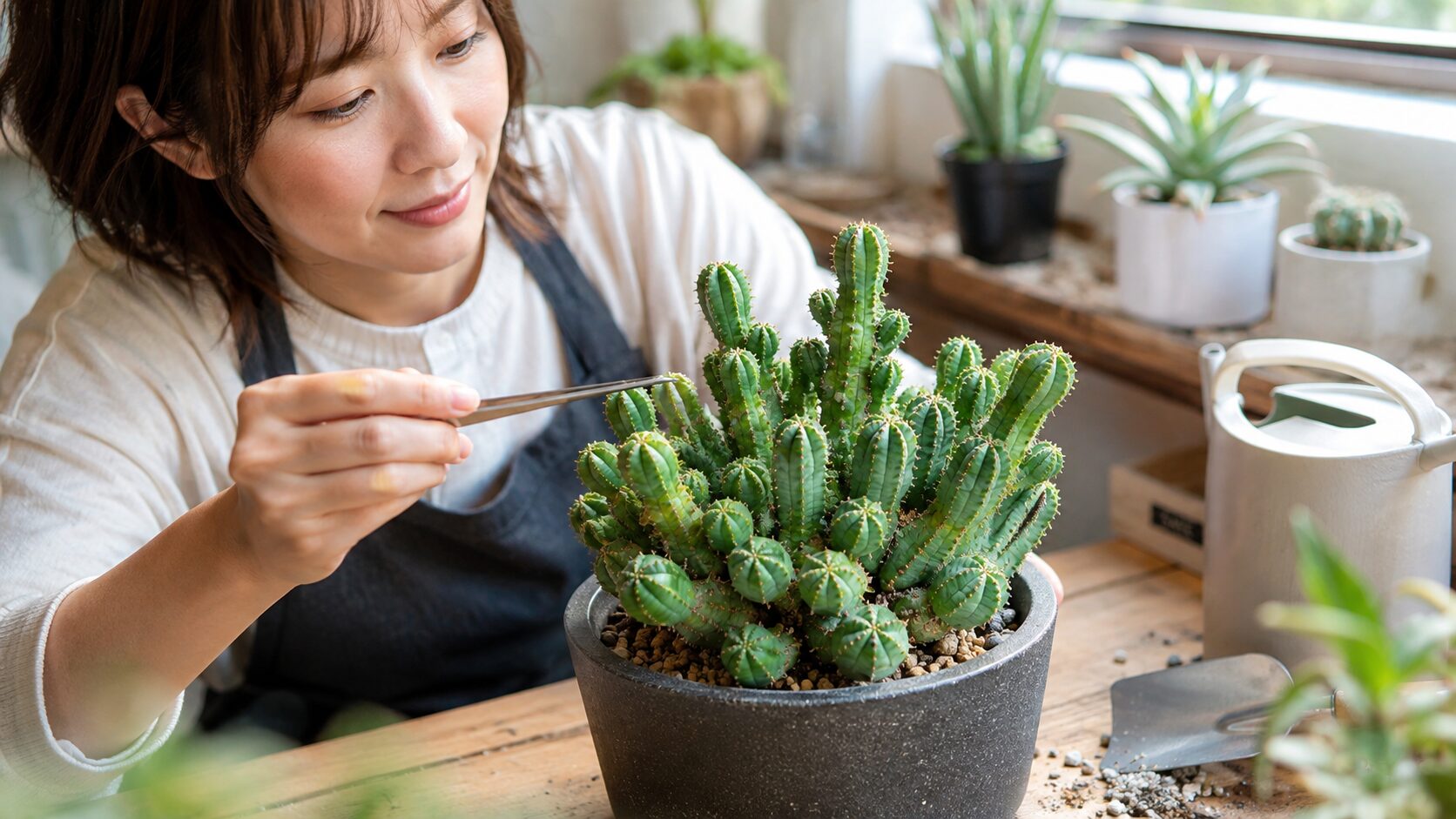 日本人女性が窓辺でオベサブロウの徒長した茎を確認しながら手入れする様子。光や水やりを見直して株を仕立て直す育て方をイメージした写真