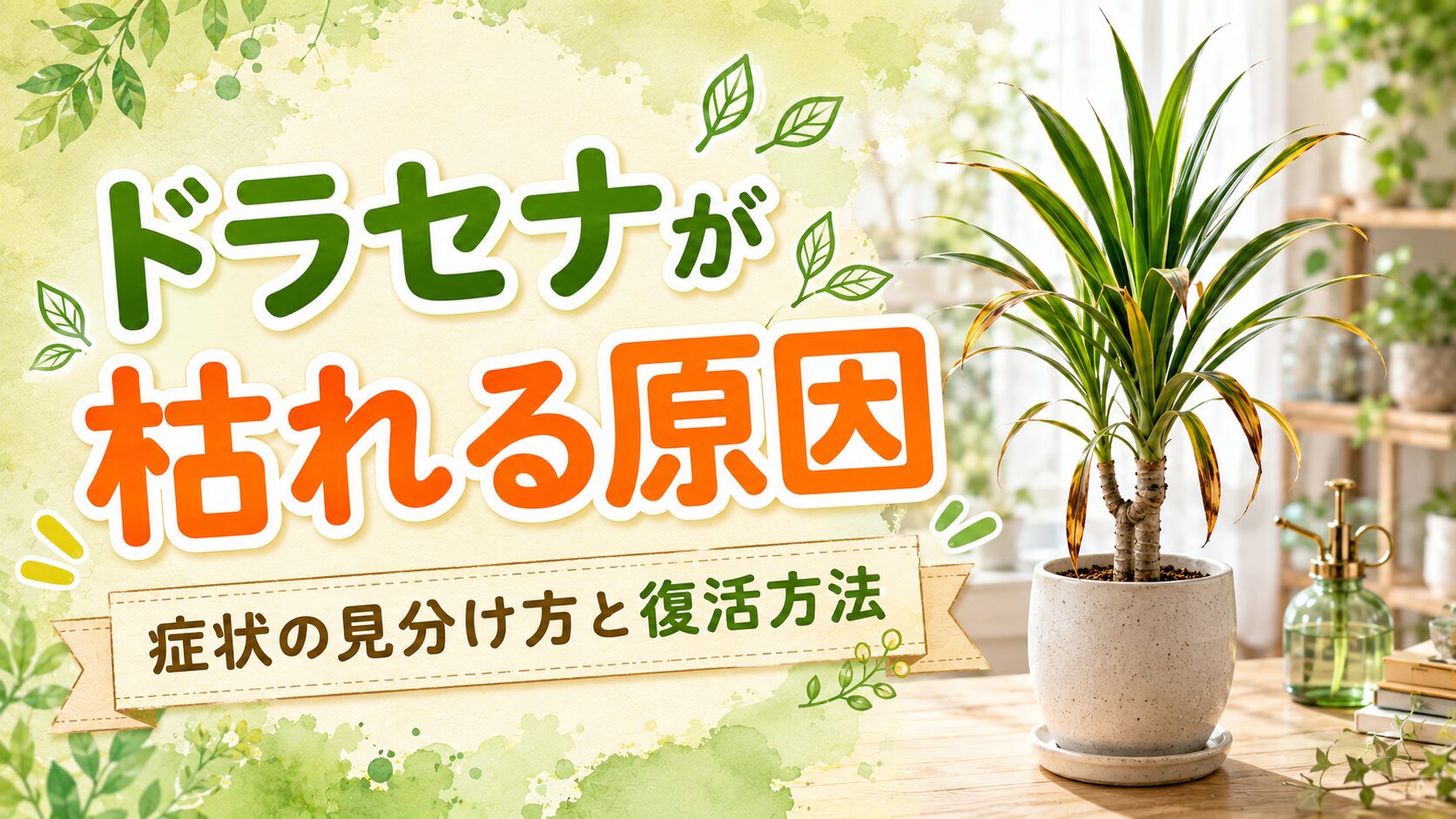 ドラセナが枯れる原因と症状の見分け方・復活方法を紹介するアイキャッチ画像