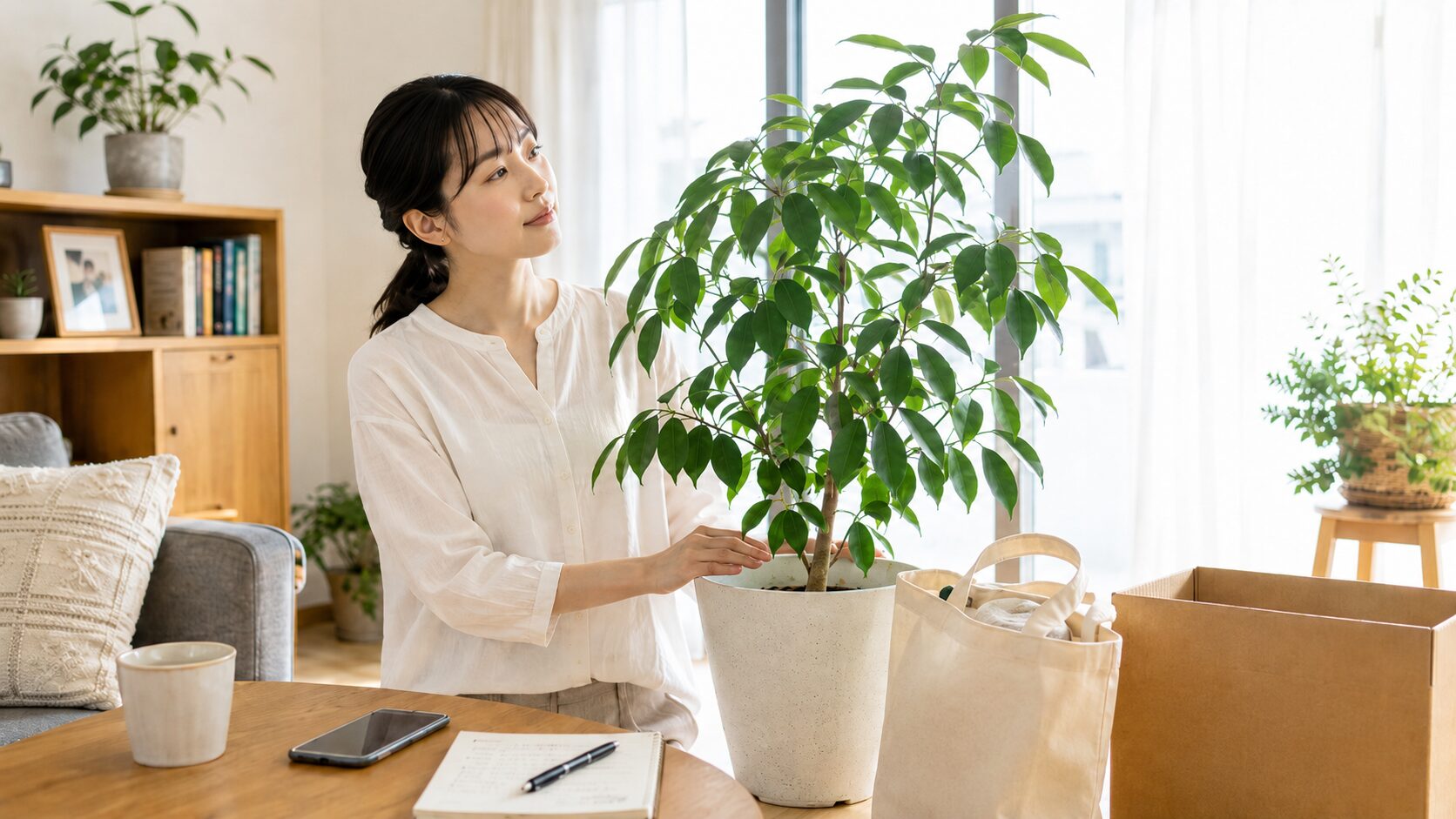 観葉植物の処分や譲渡、引き取りなど手放し方を検討する女性