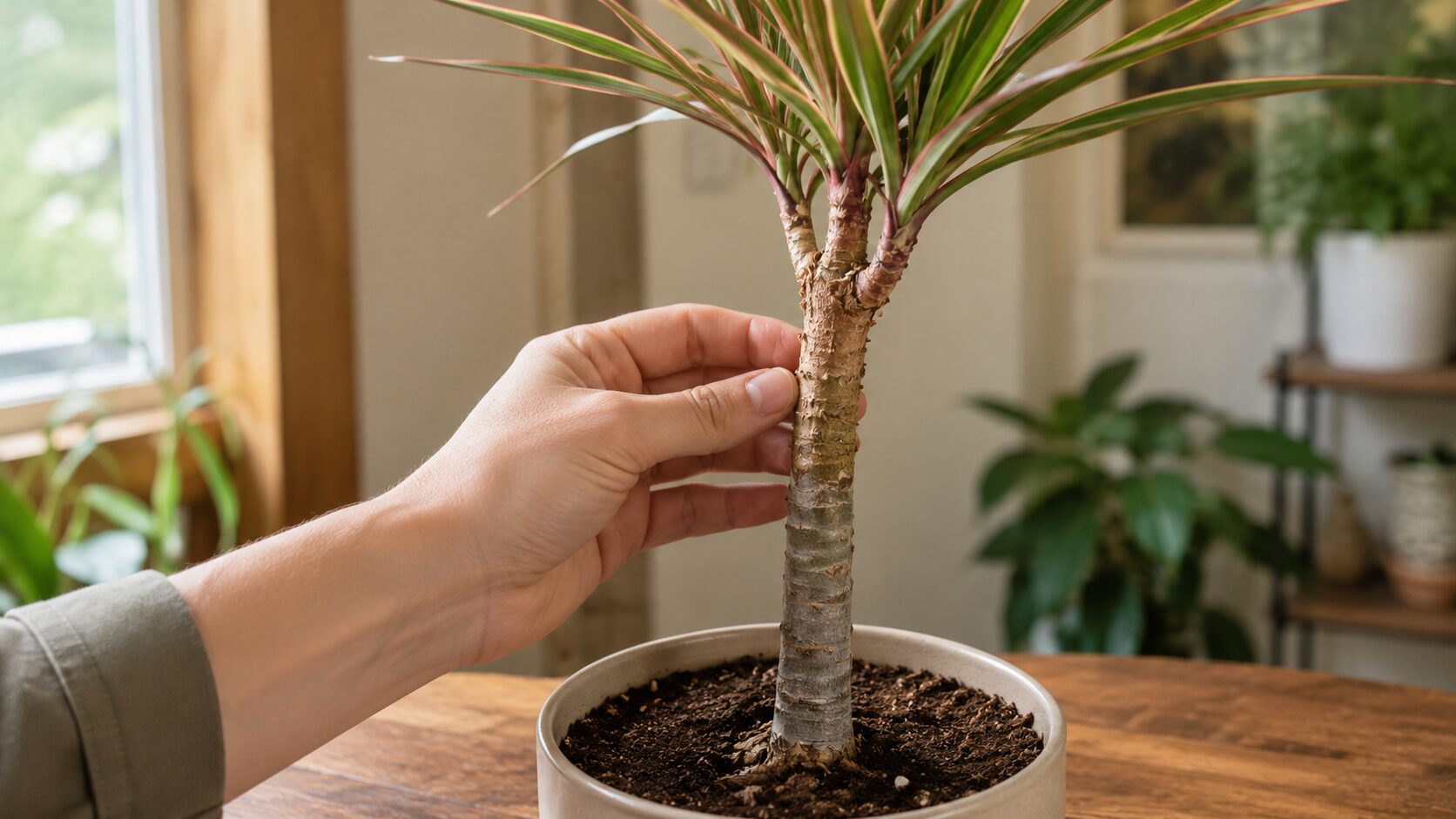 室内で鉢植えのドラセナの幹を手で触り、硬さや状態を確認している様子
