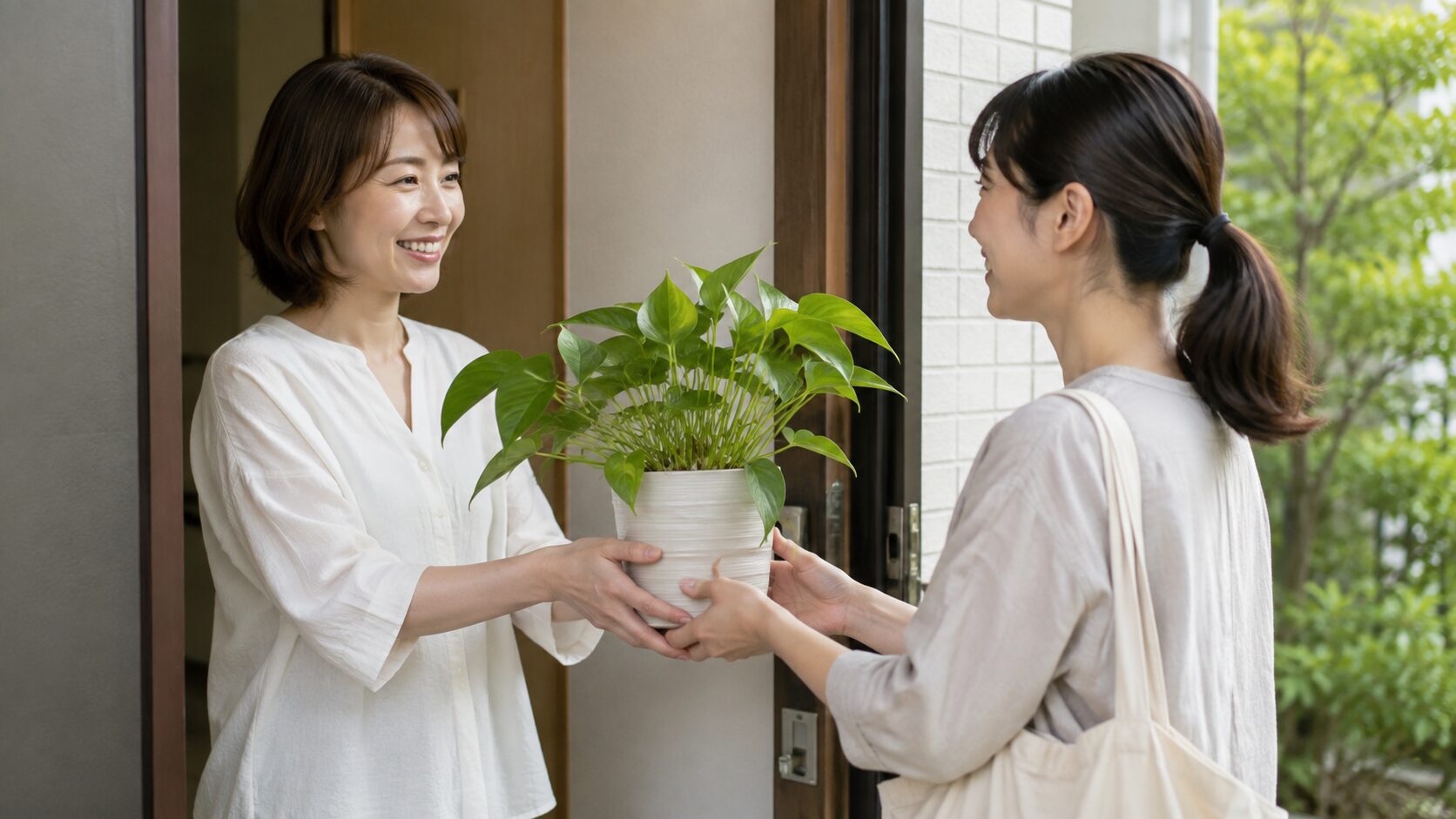 元気な観葉植物を無料で引き取りたい人へ譲渡する女性