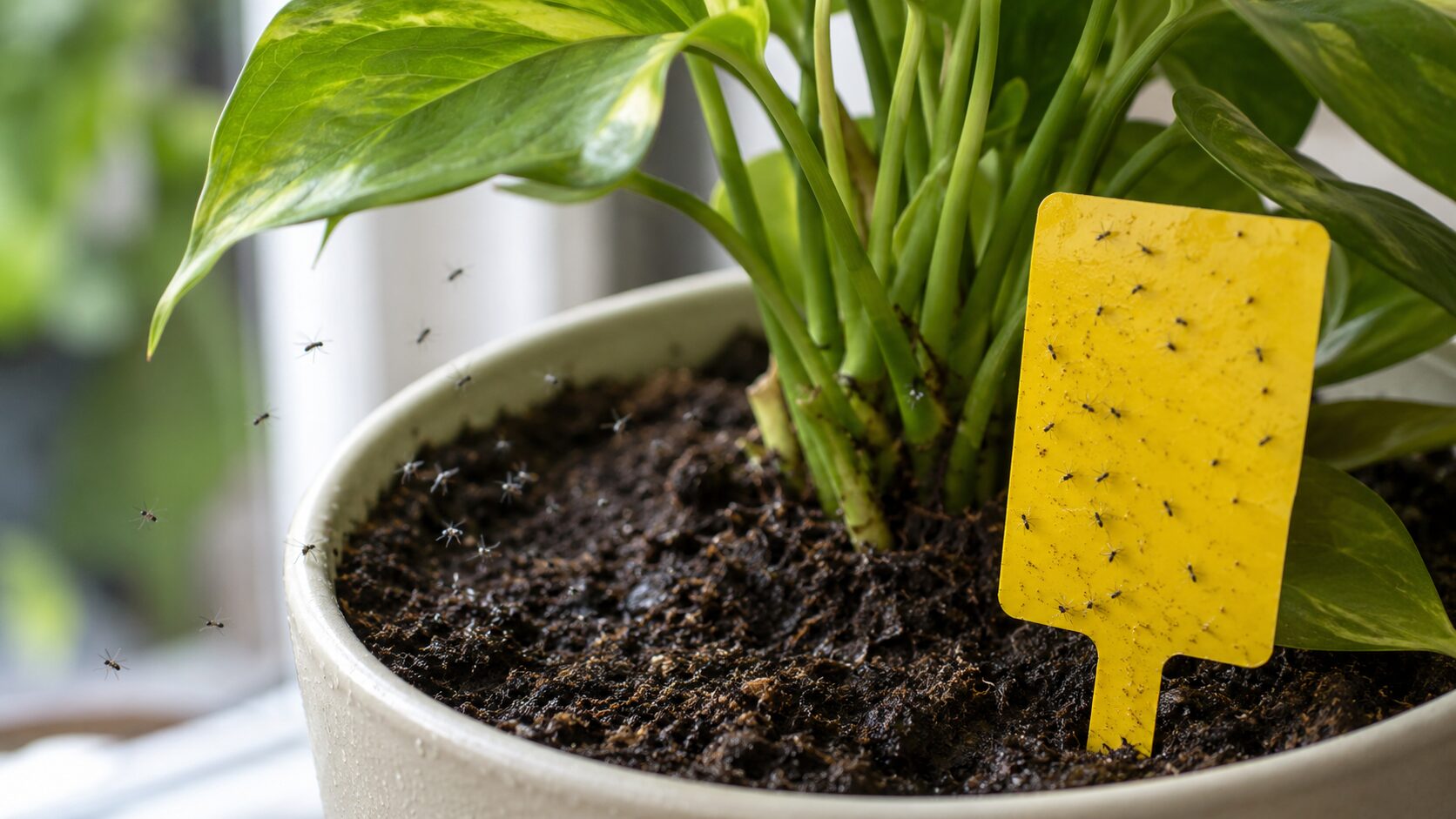 観葉植物の鉢土の周りを飛ぶ黒い小虫と、黄色の粘着トラップを写した画像。黒い虫がキノコバエか見分けるポイントをイメージできる見出し画像