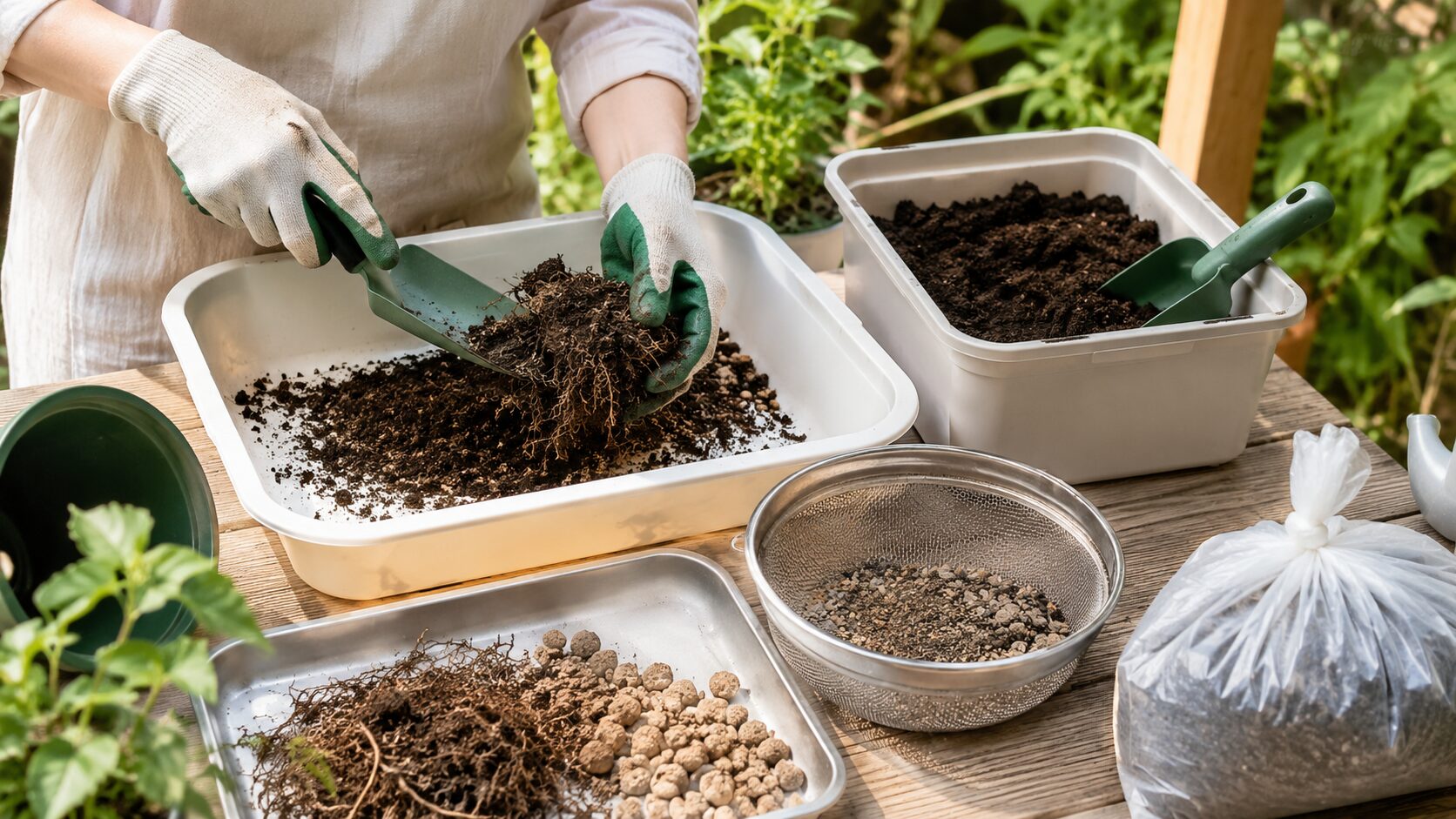 観葉植物の古い土から根や鉢底石を分別して処分準備する様子