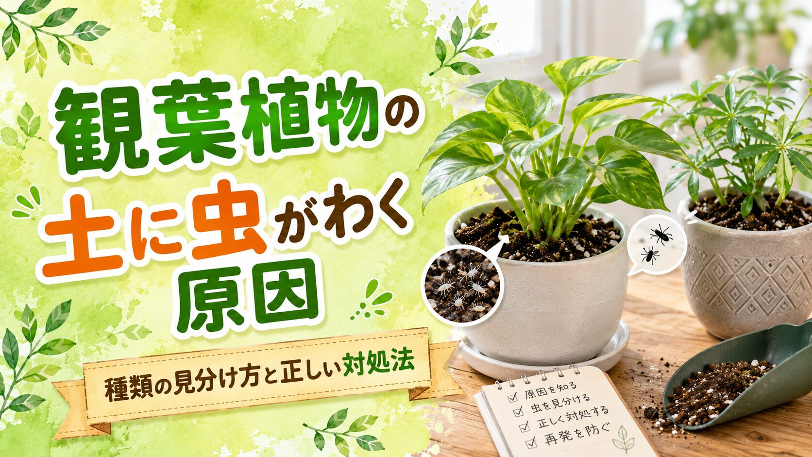 観葉植物の土に虫がわく原因をテーマに、室内の観葉植物の鉢と土、虫のイメージを使って、種類の見分け方と正しい対処法を分かりやすく表現したアイキャッチ画像