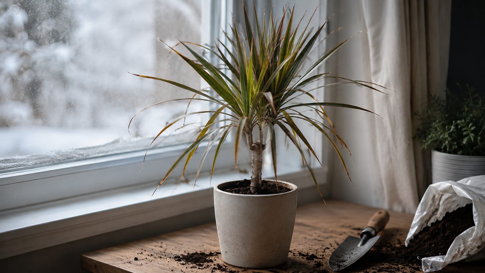 冬の窓辺で植え替え後に葉が垂れたドラセナ