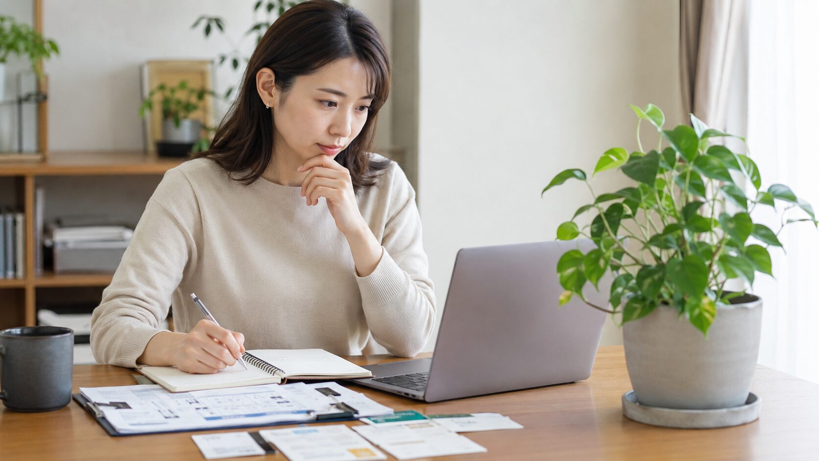 観葉植物の買取業者を比較するためにパソコンで情報を確認する女性