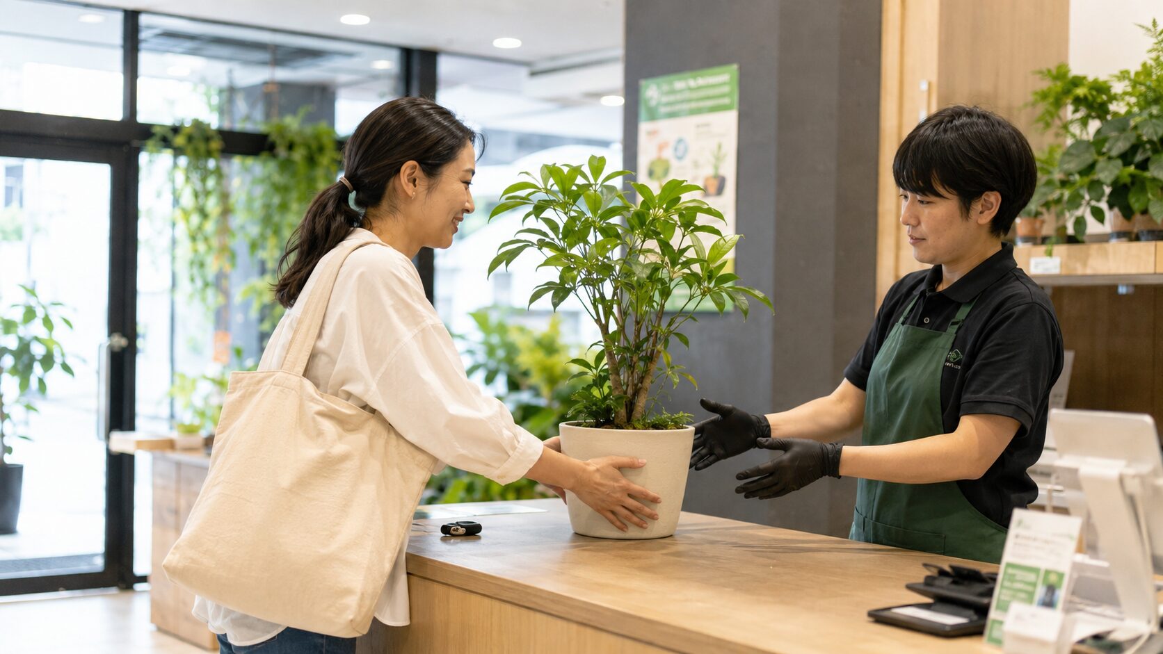 観葉植物を店頭に持ち込み、スタッフへ手渡して査定を受ける女性