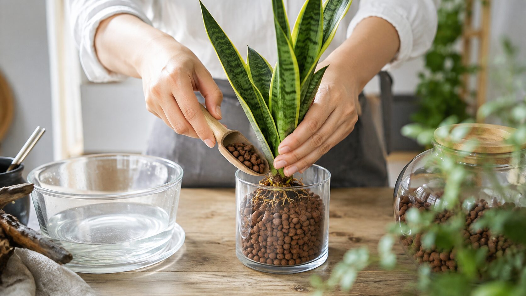 ハイドロボールを使って、サンスベリアをガラス容器へ植え替えている写真。ハイドロカルチャーへの移行手順をイメージできる。