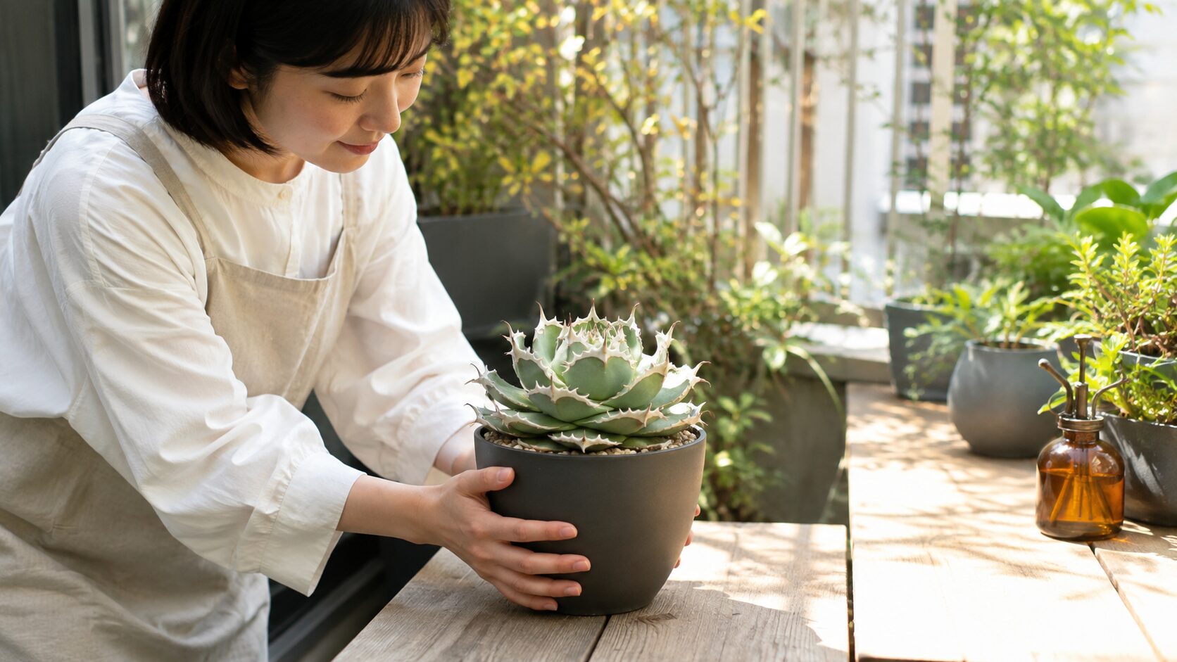 やわらかな日差しが入る場所で、日本人女性がアガベの鉢を持って管理している写真。強い光へ段階的に慣らす様子が伝わる。