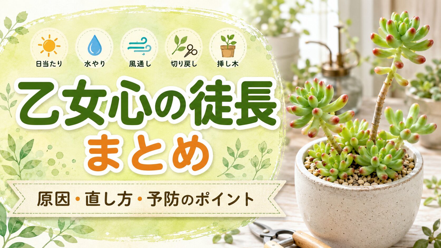 乙女心の徒長対策をまとめた画像。日当たり、水やり、風通し、切り戻し、挿し木のポイントと、赤い葉先の乙女心の鉢植えを掲載。