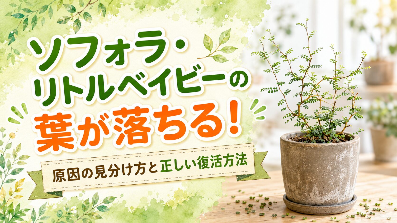 ソフォラ・リトルベイビーの葉が落ちる原因と正しい復活方法を紹介するアイキャッチ画像。落葉したソフォラ・リトルベイビーの鉢植えと、原因の見分け方や復活方法を示すタイトル入りデザイン