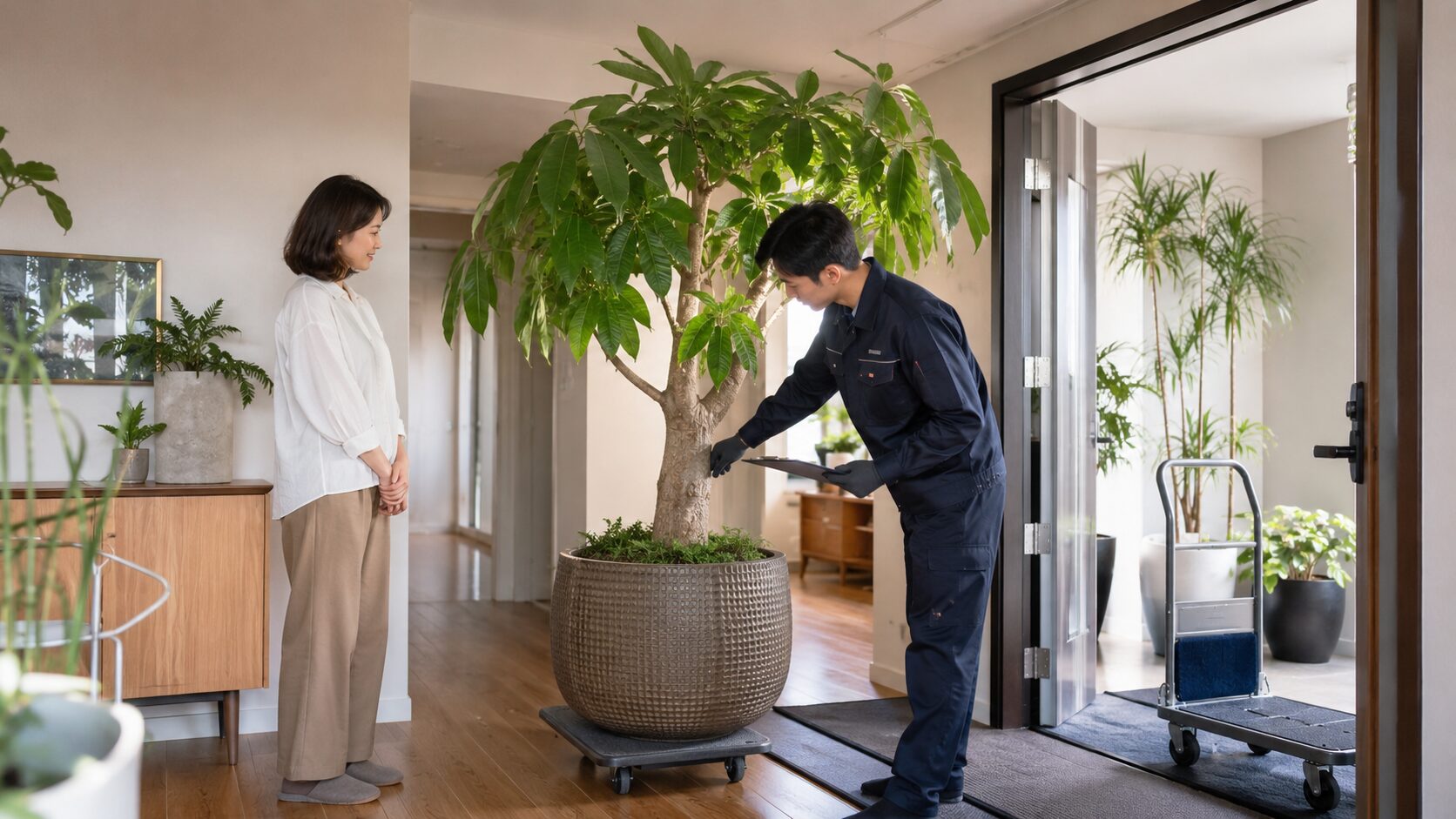 大型の観葉植物を自宅で査定する出張買取スタッフと見守る女性