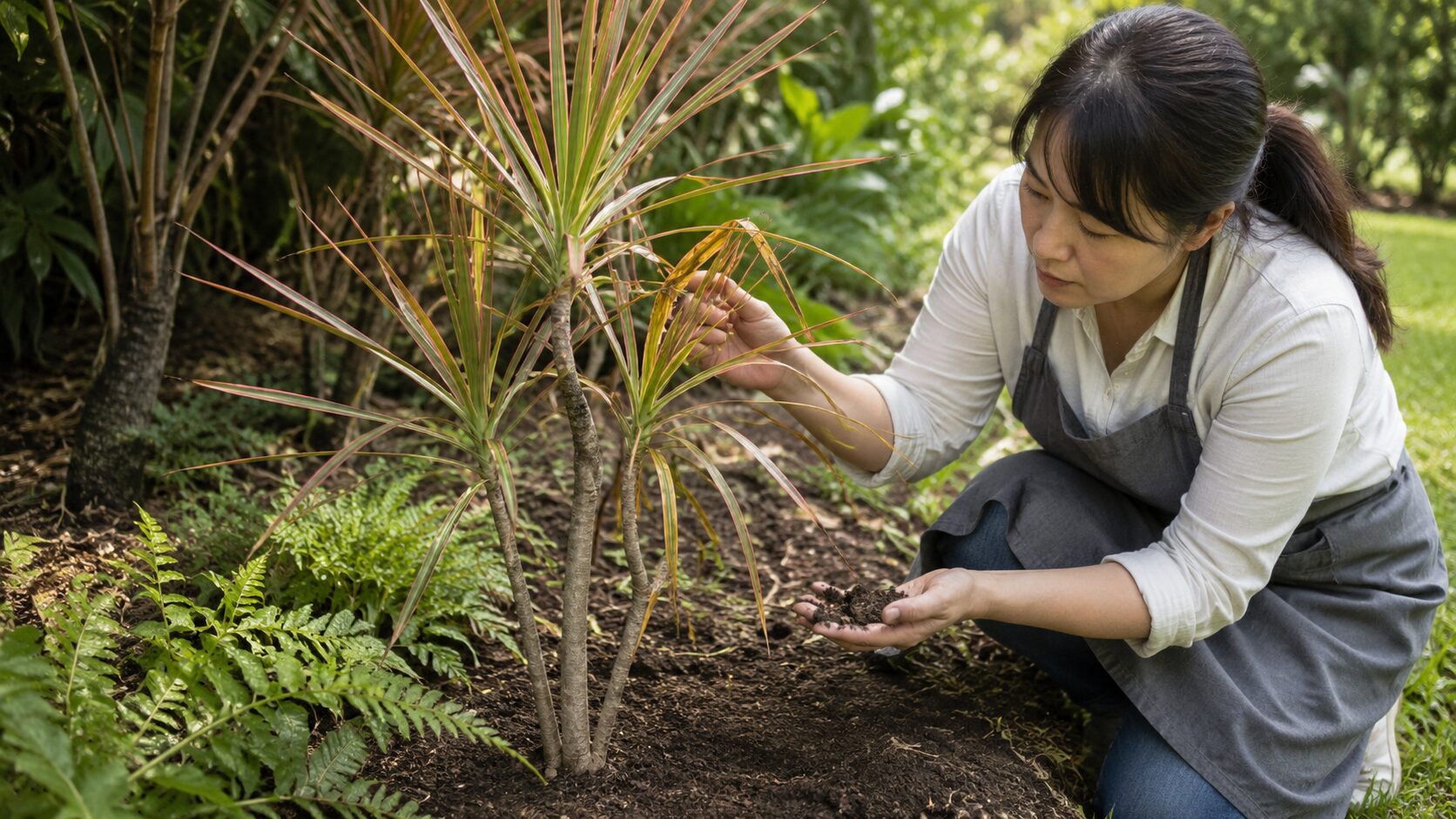葉が黄色くなった地植えドラセナと土を確認する女性