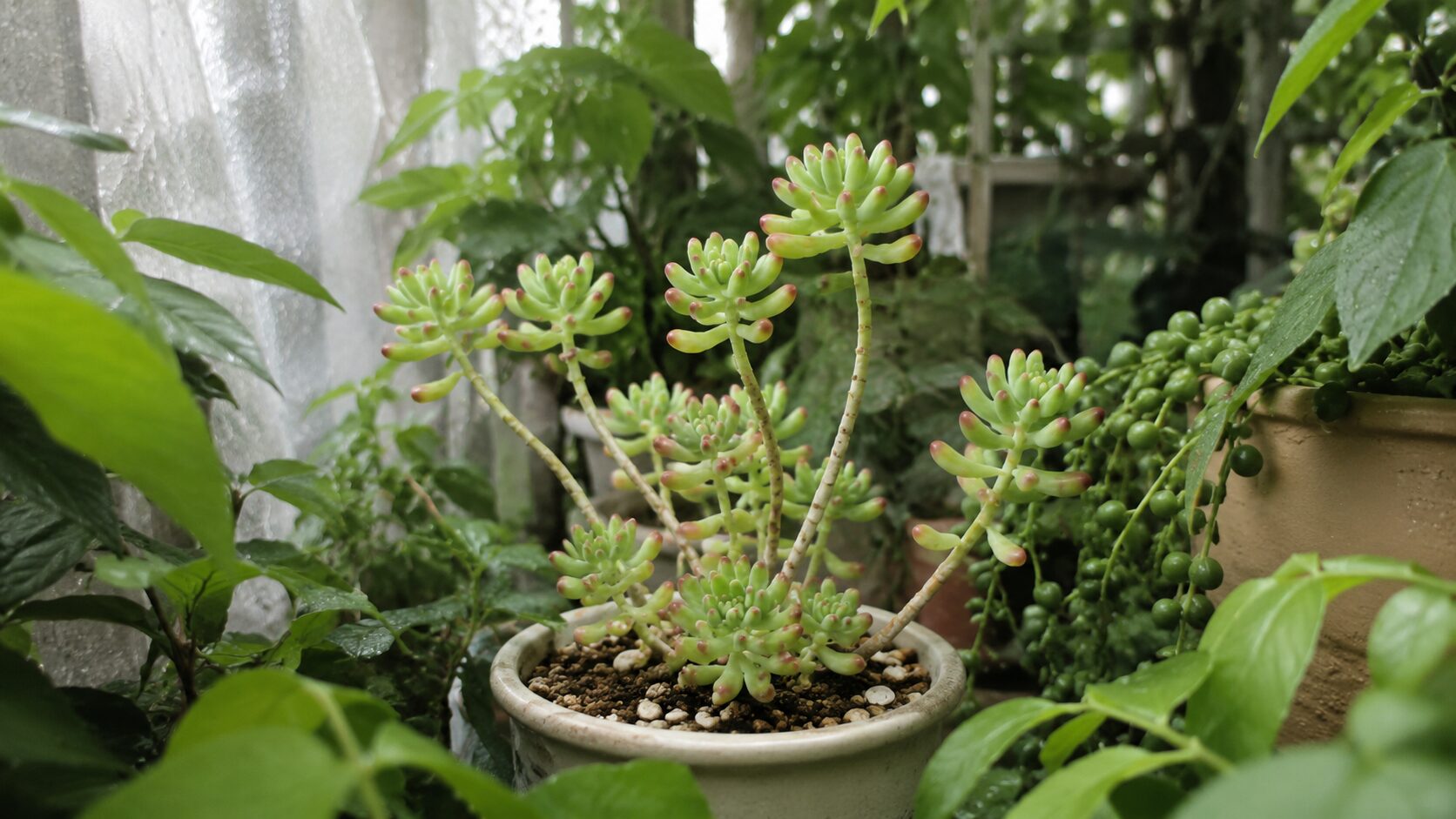 蒸れた温室のような多湿環境で、周囲の植物に囲まれた乙女心の鉢植え。細く伸びた茎が見え、高温多湿と風通し不足のイメージが伝わる。