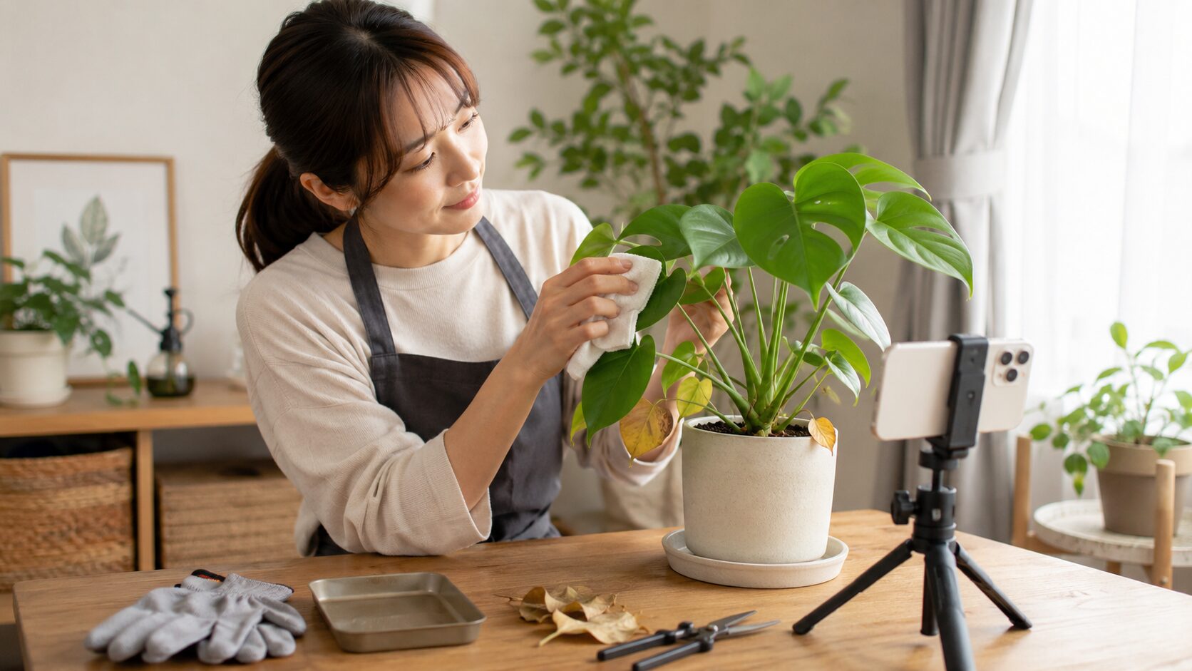 観葉植物を買取査定に出す前に葉を掃除して準備する女性