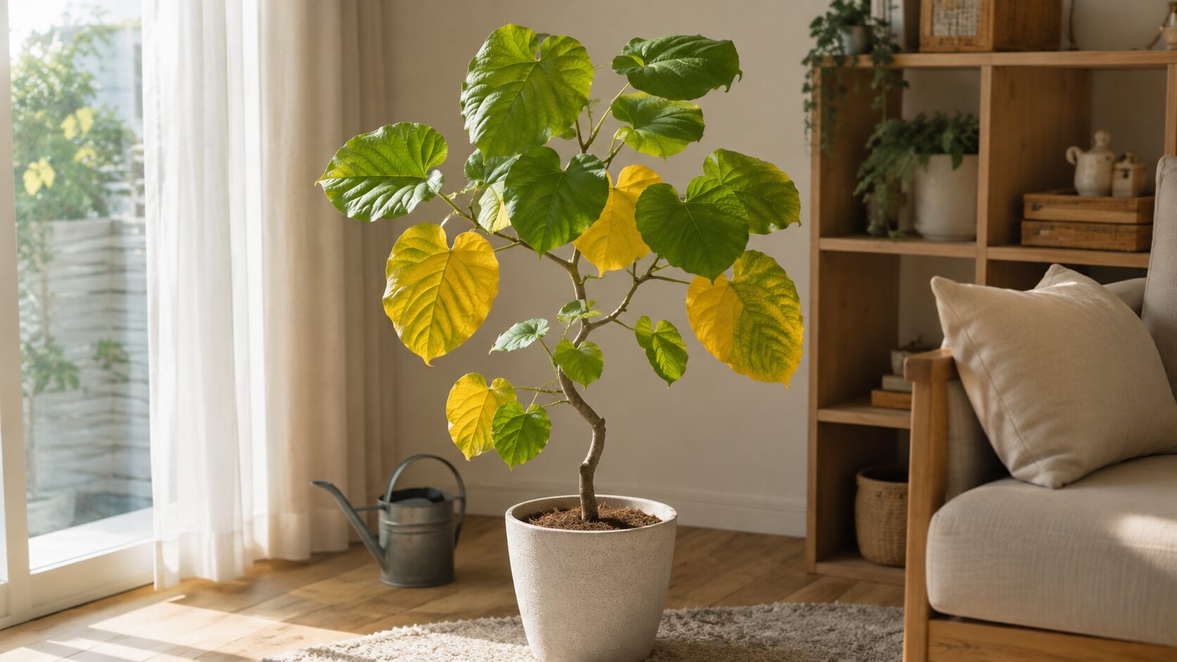 室内で複数の葉が黄色くなったウンベラータの鉢植え