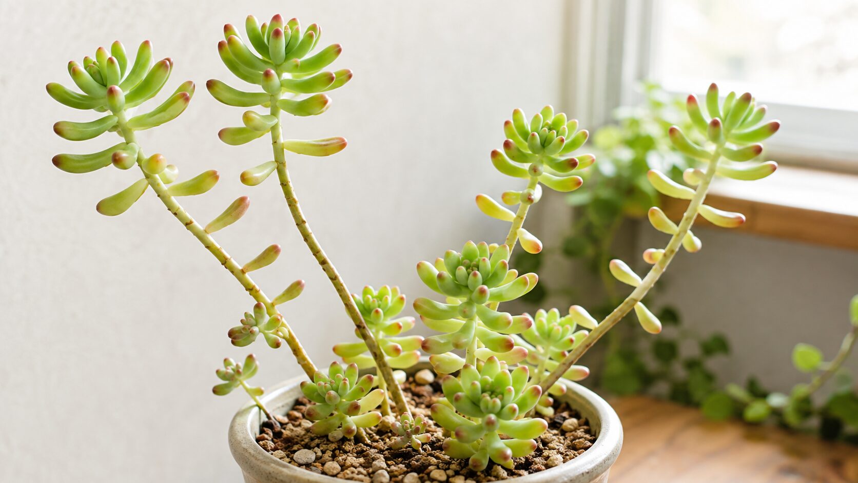明るい室内の窓辺で、細長く伸びた茎と赤い葉先が目立つ乙女心の鉢植え。徒長した茎と株元の子株が見える。