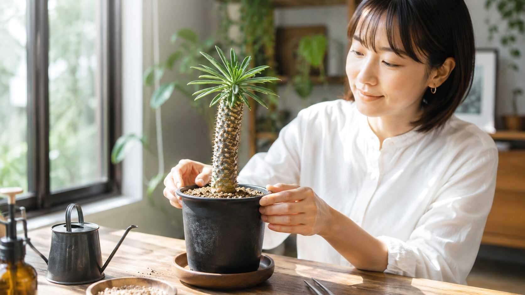 室内の明るい窓辺で日本人女性が鉢植えのソテツキリンを手入れしている様子。徒長した株を見直しながら育て方を整えるイメージ写真。