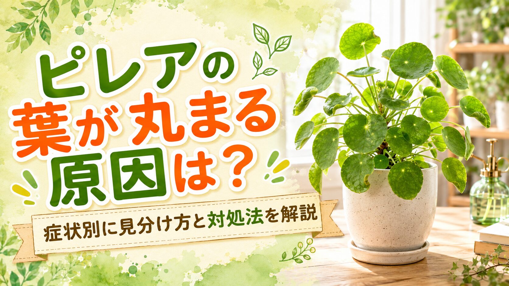 ピレア・ペペロミオイデスの鉢植えと、葉が丸まる原因や症状別の見分け方・対処法を紹介する記事タイトルが入ったアイキャッチ画像