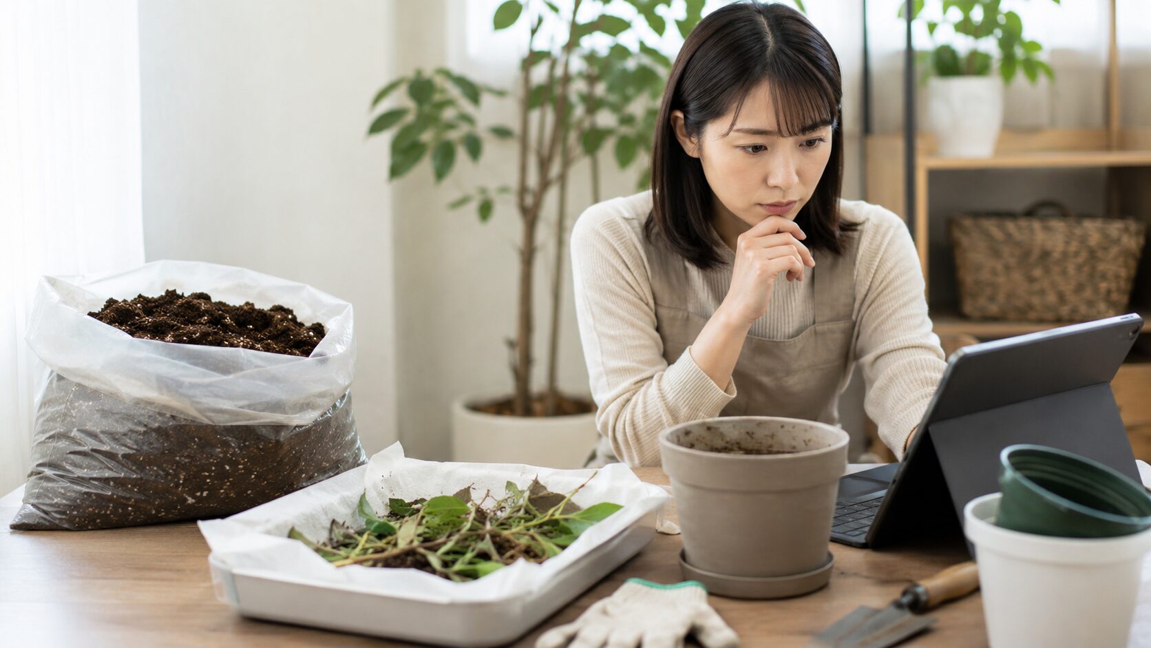 観葉植物や園芸用土の処分ルールと法律上の注意点を確認する女性