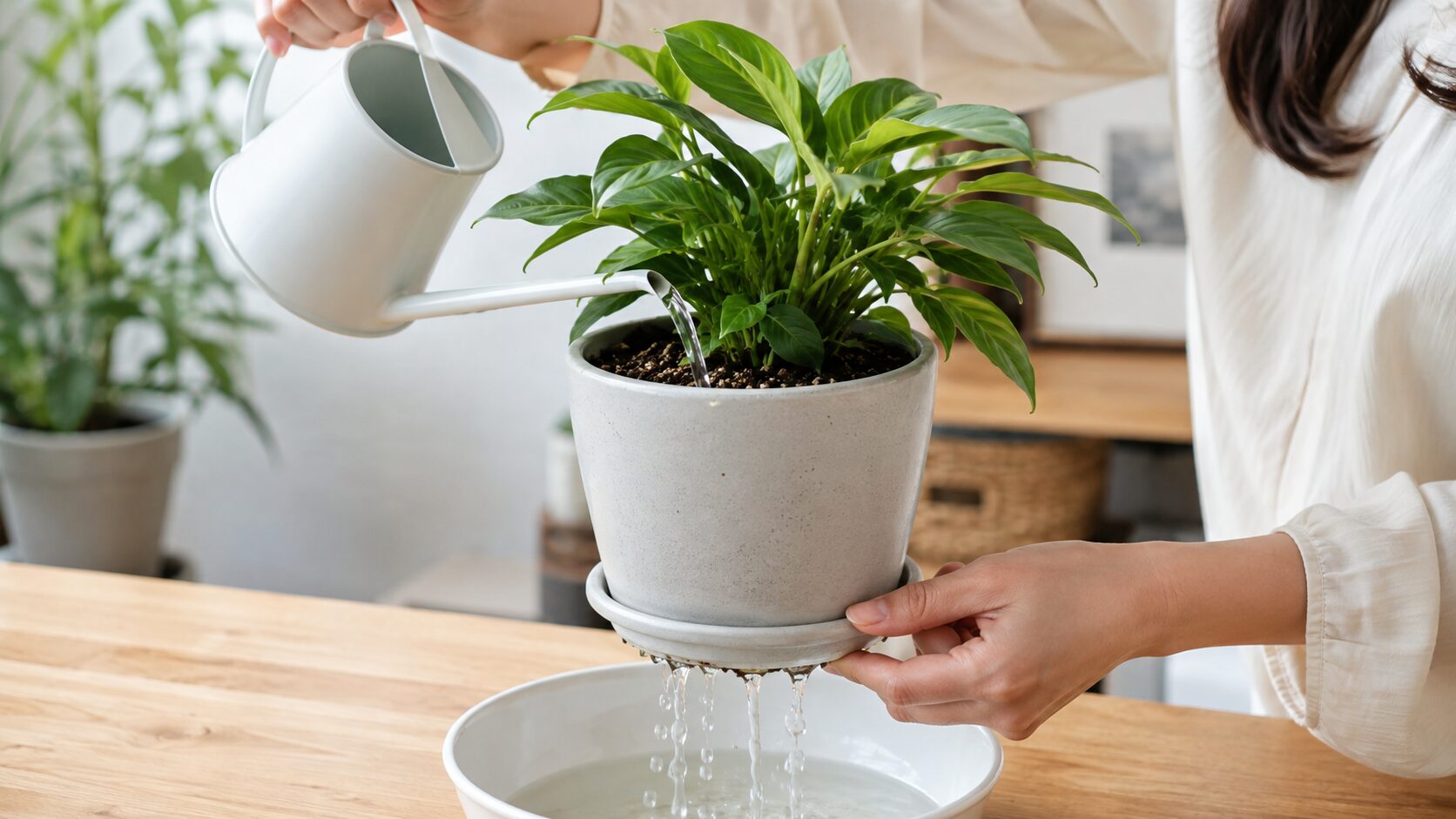 観葉植物へ水やりをしながら鉢底から余分な水を排出している様子。コバエ対策として水やりと排水を見直す方法を表した画像