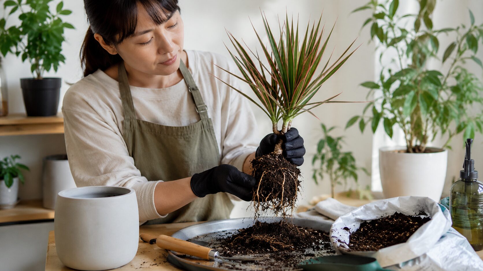 日本人女性がドラセナを鉢から抜き、根の状態を確認しながら植え替え準備をしている様子