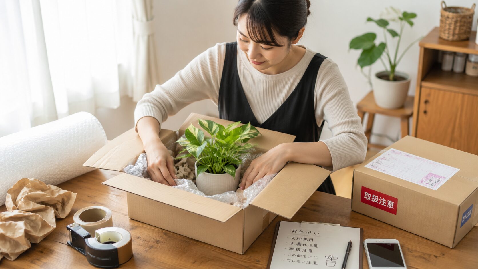 観葉植物を段ボールに丁寧に梱包して宅配買取の発送準備をする女性