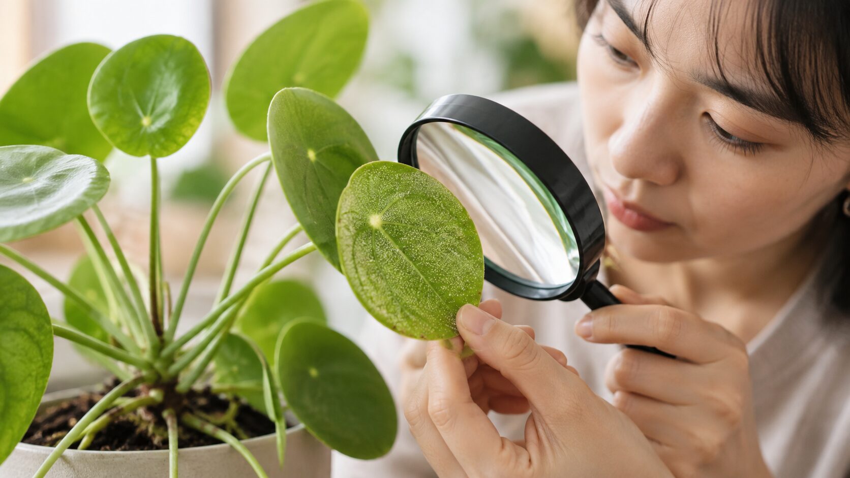 女性が虫眼鏡でピレア・ペペロミオイデスの葉を観察し、ハダニなど害虫の症状を確認している様子