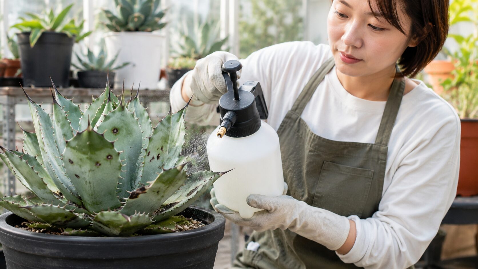 日本人女性が黒い斑点のあるアガベに噴霧器で殺菌剤を散布している管理風景の写真