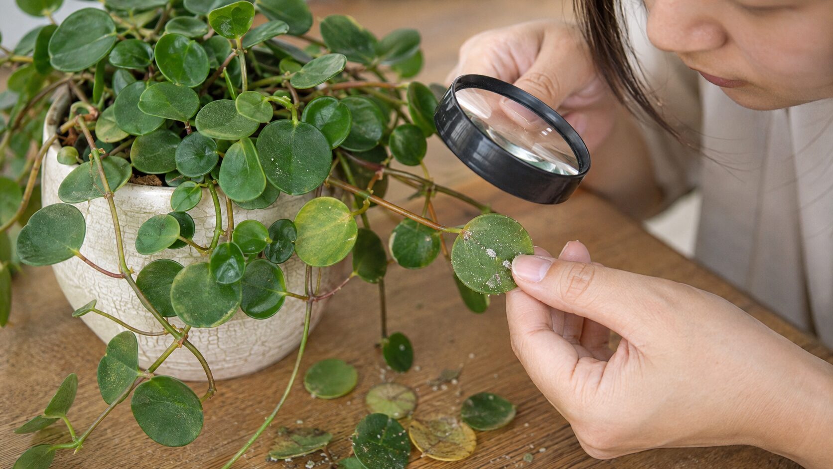 ペペロミア・ホープの葉裏を確認して害虫や葉落ちをチェックする様子