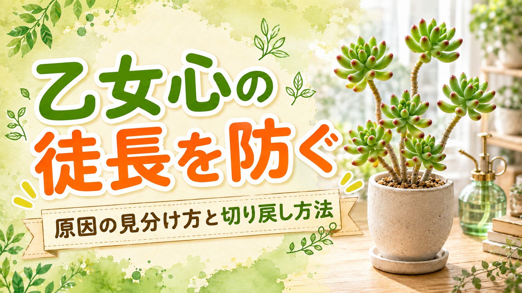乙女心の徒長を防ぐ方法をテーマにしたアイキャッチ画像。赤い葉先の乙女心の鉢植えと、原因の見分け方・切り戻し方法を紹介するデザイン。
